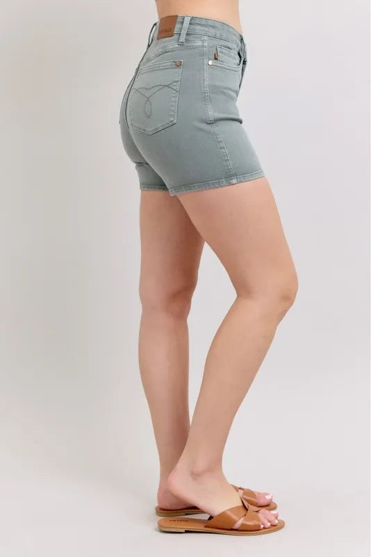 Judy Blue Women's Plus Size Garment Dyed Shorts with Back Pocket Embroidery - Comfortable Casual Wear for Summer Outings & Beach Vacations