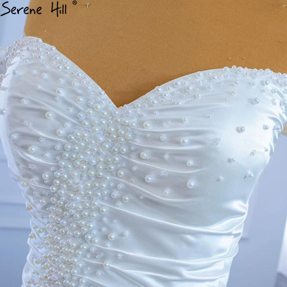 Serene Hill White Satin Mermaid Wedding Dress with Elegant Pearl Beading - Sexy Bridal Gown for Beach, Church & Formal Weddings 2025 HM67285