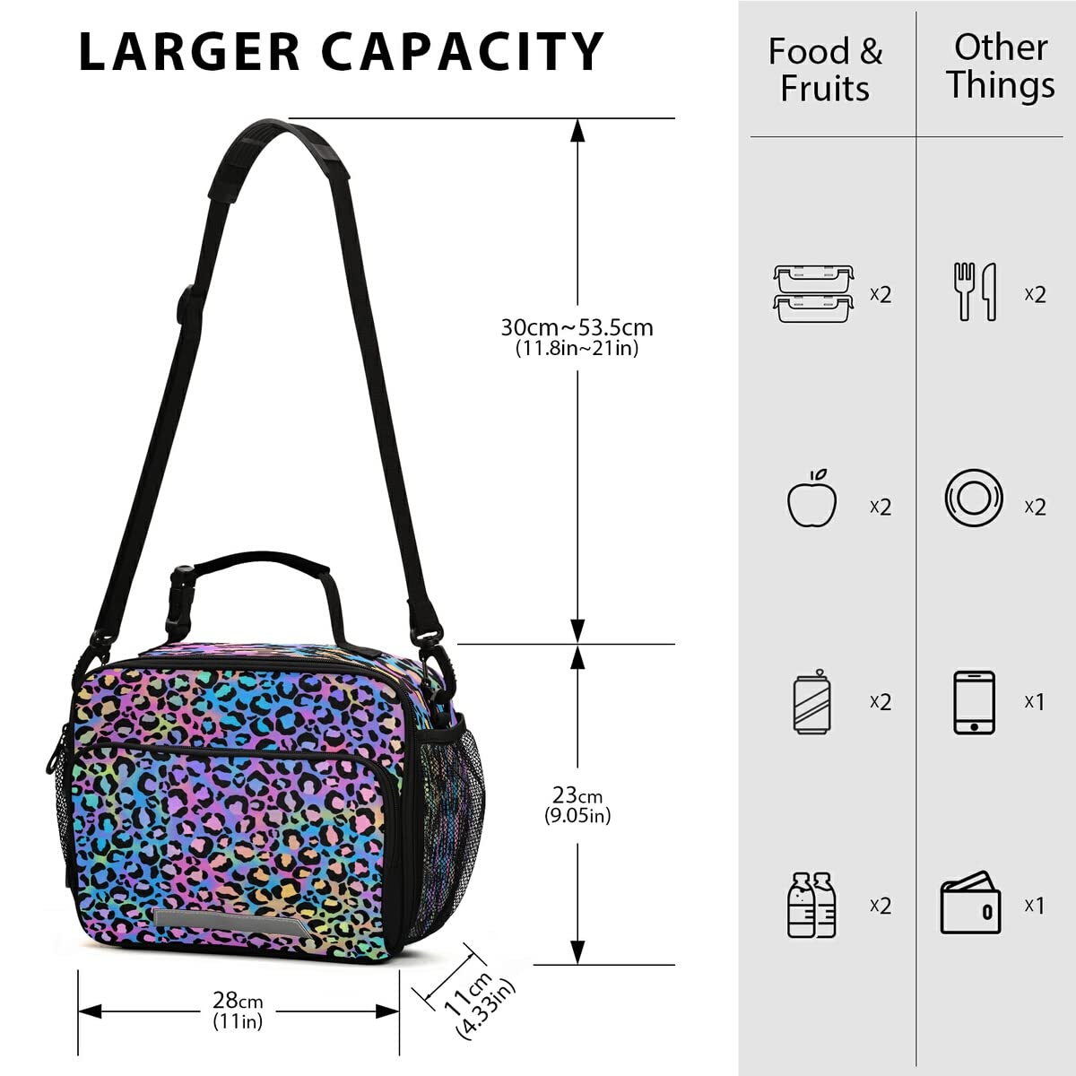 Insulated Lunch Bag for Women & Men - Rainbow Leopard Design, Adjustable Shoulder Strap, Perfect for Work, Office, School & Picnic | MNSRUU Reusable Lunch Tote