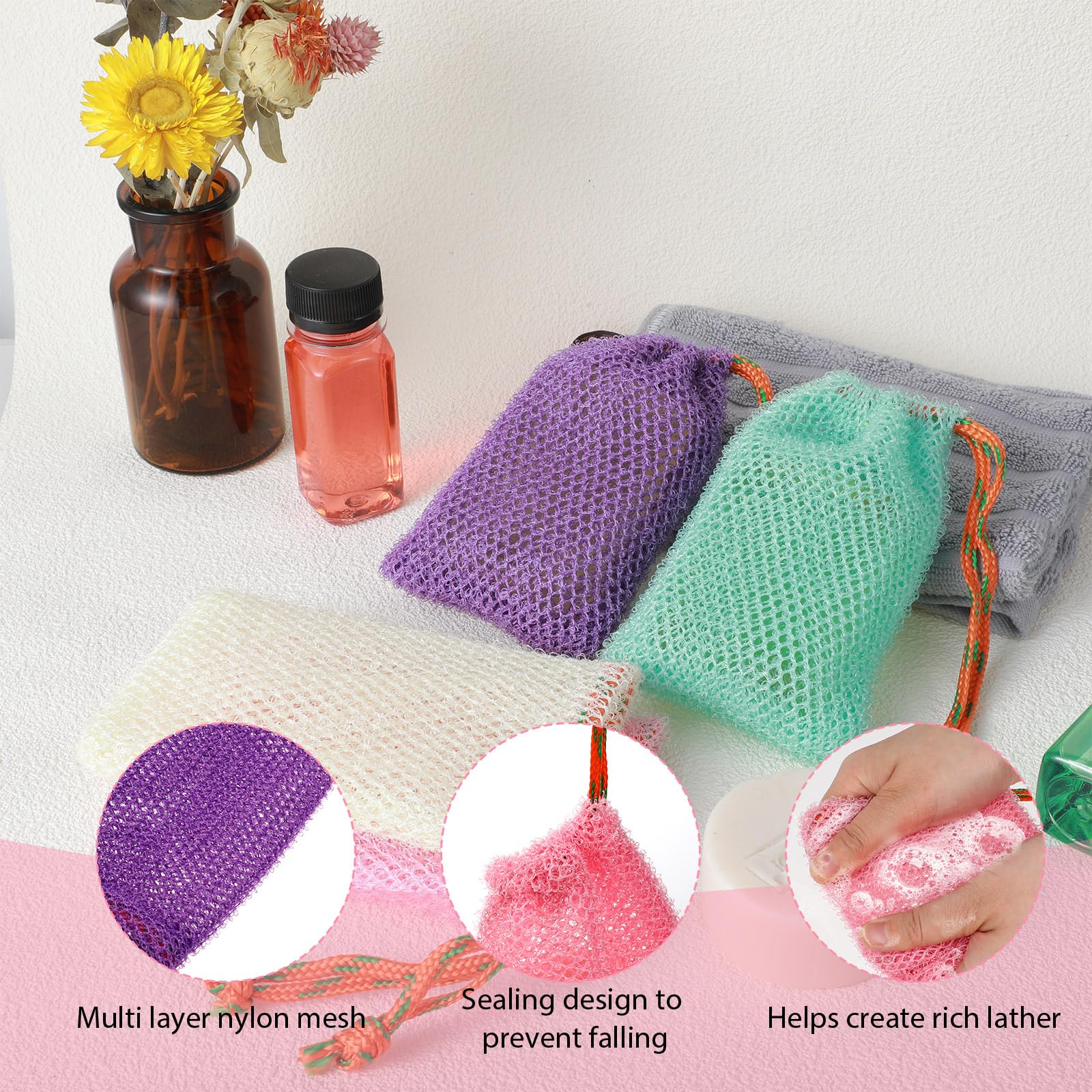 4 Pack Exfoliating Mesh Soap Pouches - Reusable Foam Net Soap Saver Bags with Drawstring for Bath & Shower | Gentle Skin Cleansing, Travel-Friendly & Eco-Friendly Bath Accessories (Multicolor) - Perfect for Sensitive Skin, Spa Days & Sustainable Living