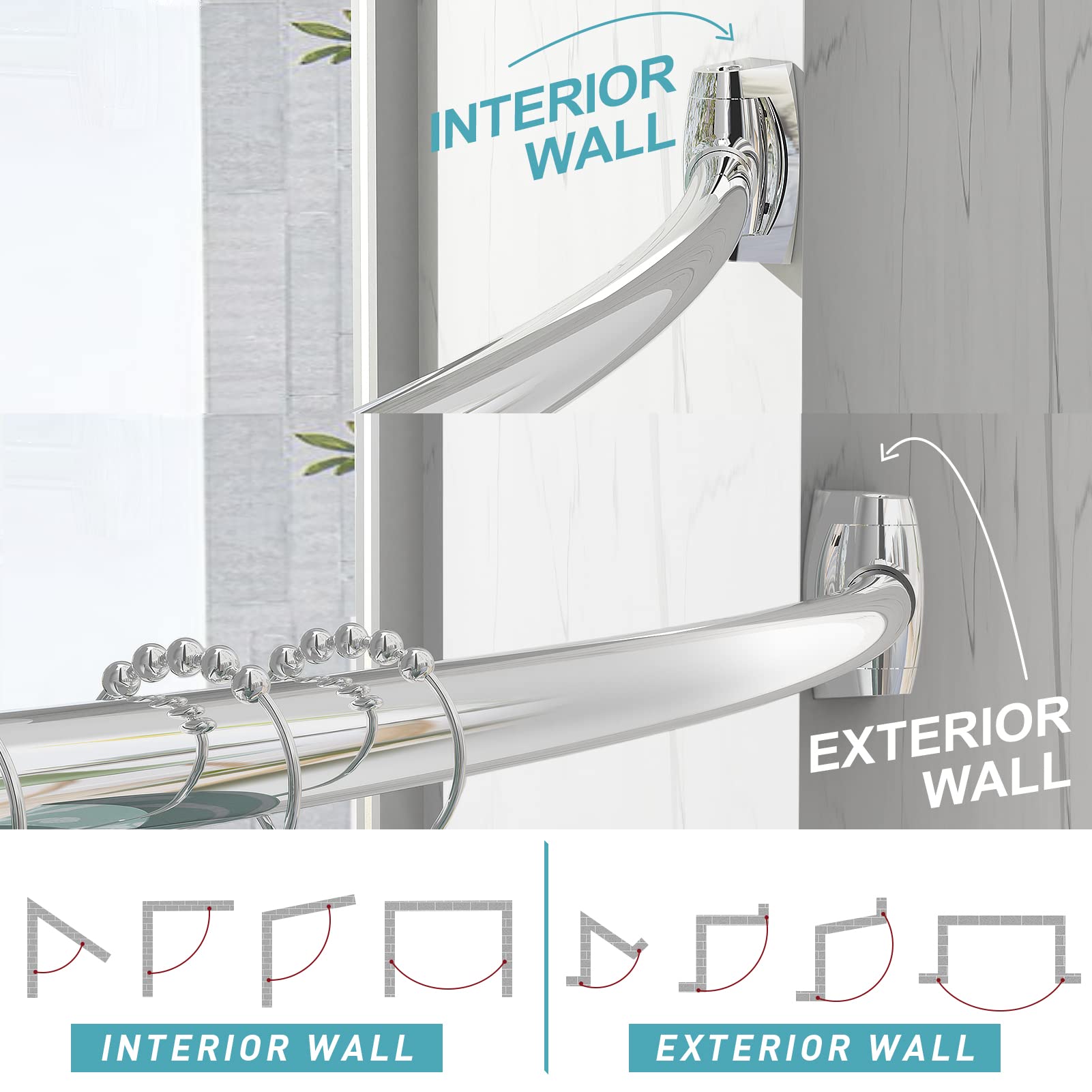 43-72 Inch Adjustable Curved Shower Curtain Rod - Rustproof Aluminum Bathroom Shower Rod for Bathtub & Stall - Chrome Finish Round Shower Bar | Perfect for Small Bathrooms & Space-Saving Solutions