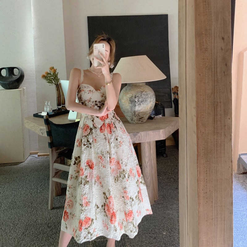 French Vintage Floral Print Thin Strap Summer Dress for Women - Elegant Boho Chic Sundress for Beach, Wedding & Casual Outings