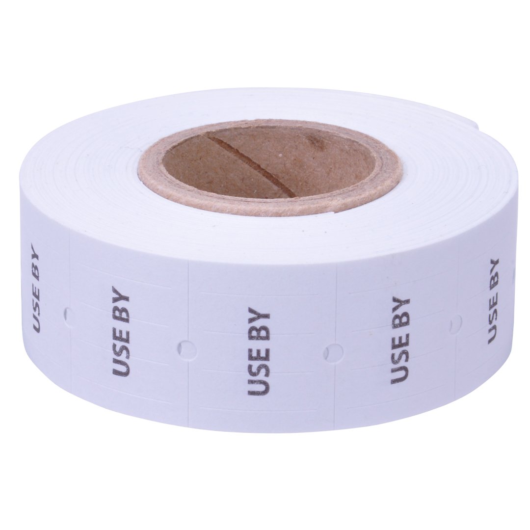 16 Pack White with Black 'Use by' Labels for TowaGL, SpeedyMark4, Halmark Model L Price Guns - Includes Free Ink Roll | Ideal for Retail, Grocery & Warehouse Pricing