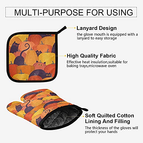 Orange Pumpkin Cat Oven Mitts & Pot Holder Set - Heat Resistant Kitchen Gloves for Baking, BBQ, Grilling - Fall Halloween Kitchen Decor - Eco-Friendly Recycled Material - Perfect for Thanksgiving, Christmas Cooking & Home Decor