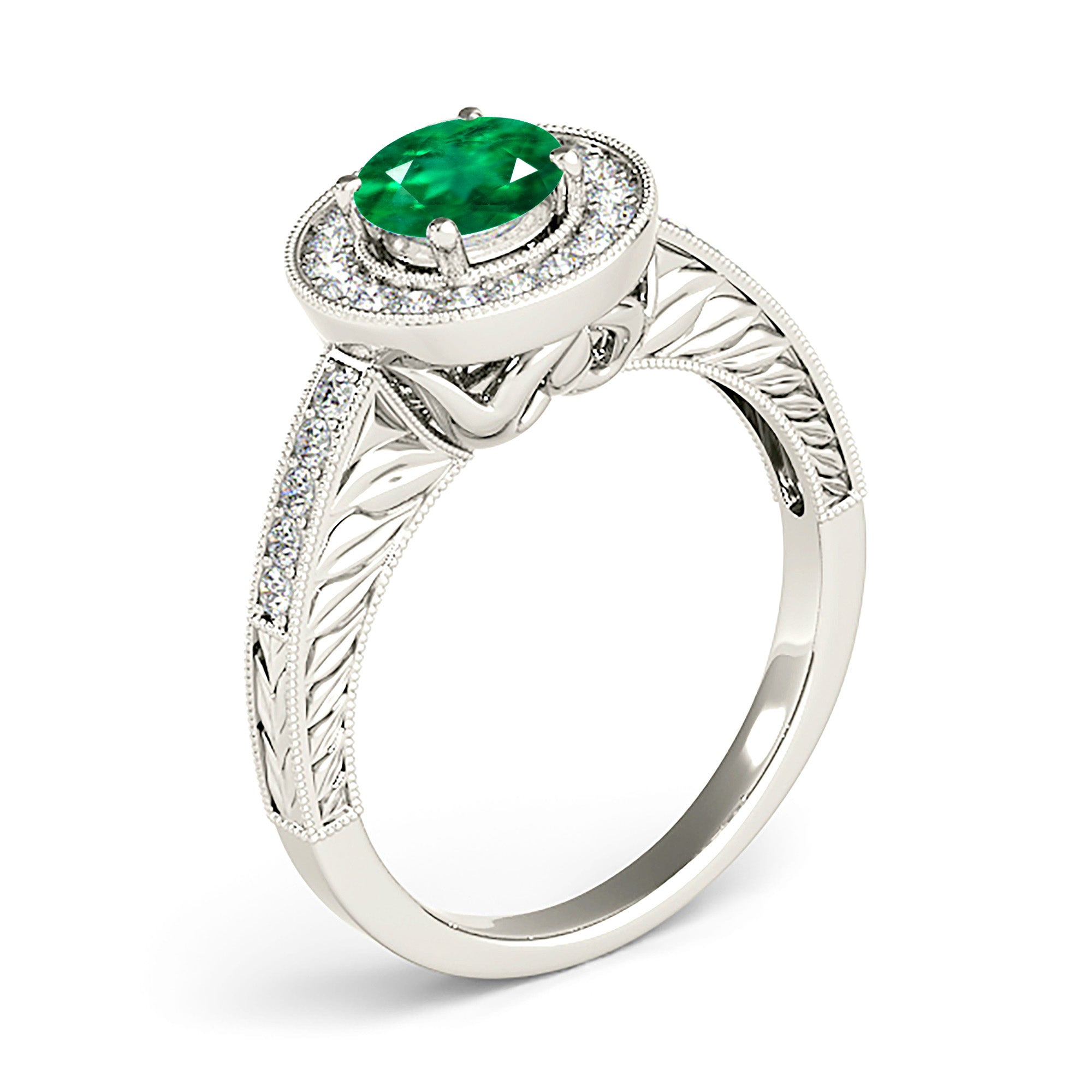 1.70 Carat Genuine Emerald Ring with Halo & Filigree Milgrain Diamond Band – Elegant Engagement, Wedding, Anniversary Gift for Her