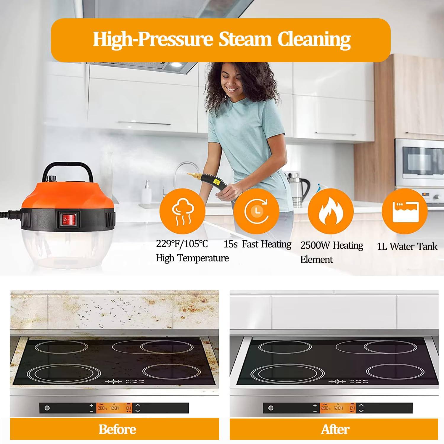 2500W High Pressure Handheld Steam Cleaner - Portable Home & Car Steamer for Upholstery, Kitchen, Bathroom | Powerful Deep Cleaning for Floors, Tiles & Grout | Multi-Surface Steam Mop for Pet Hair & Stains