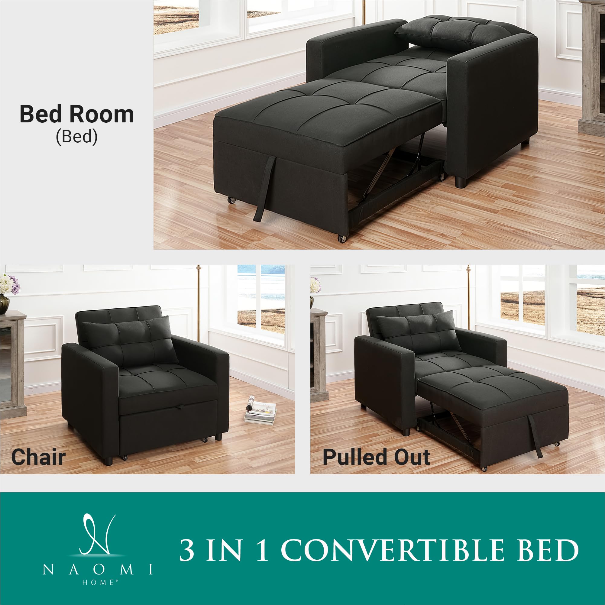 3-in-1 Convertible Sofa Bed Chair with Adjustable Backrest - Modern Linen Sleeper Sofa for Living Room, Guest Room & Small Spaces - Black (Perfect for Apartments, Dorms & Home Offices)