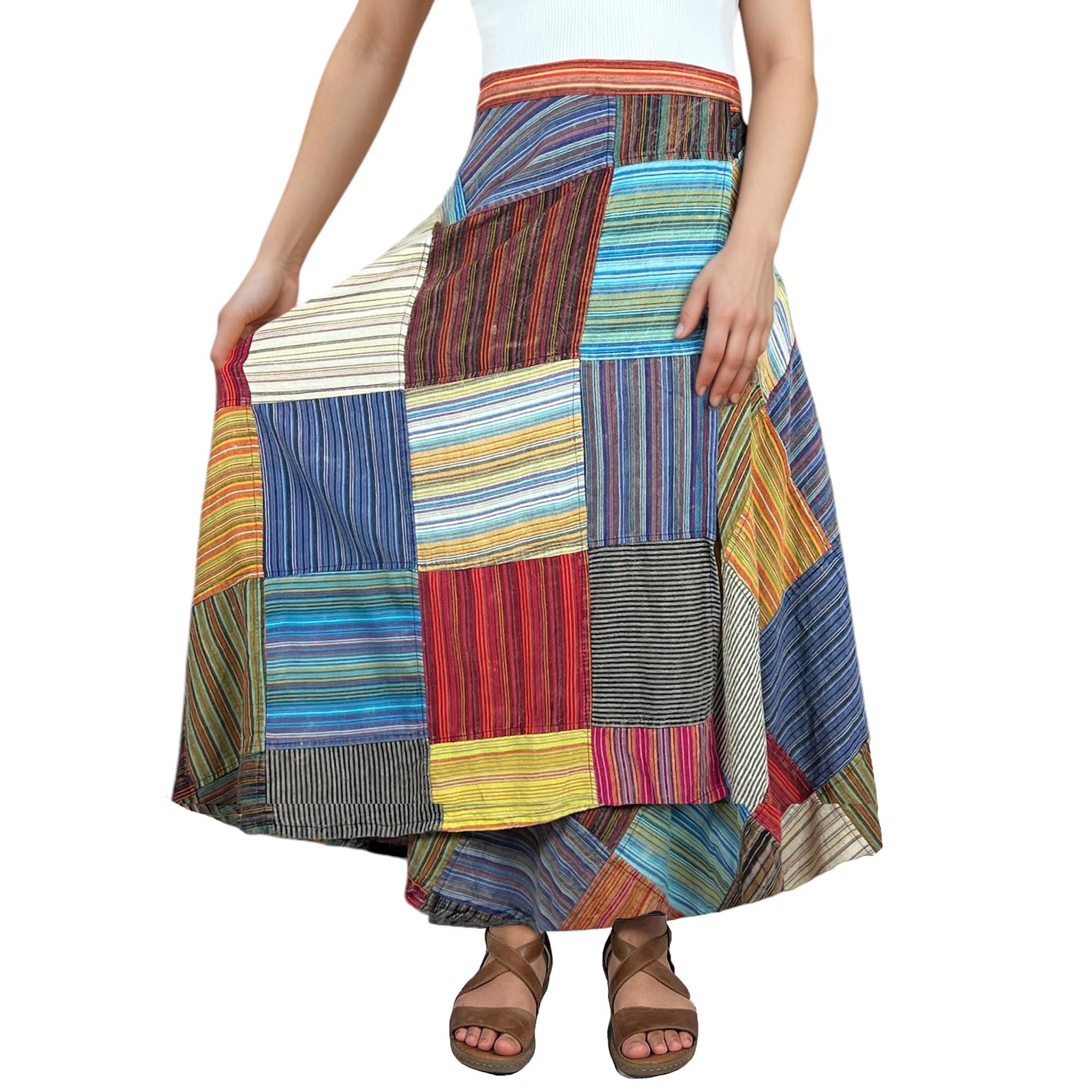 Agan Traders Women's 2025 Spring & Fall Boho Maxi Skirt - High Waisted Long Bohemian Wrap Skirt with Patchwork & Tie Up Detail | Perfect for Beach, Music Festivals & Boho Chic Outfits