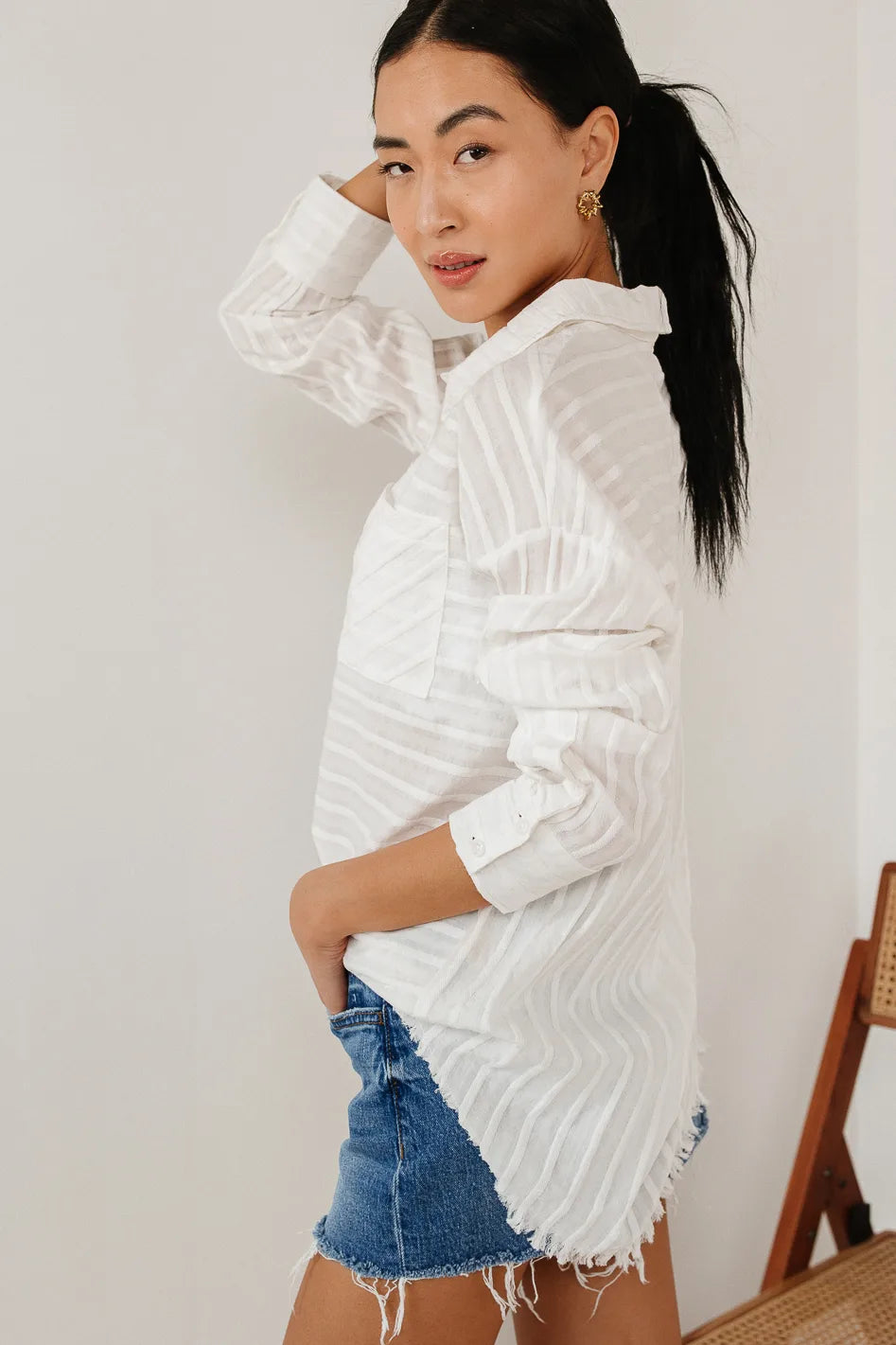 Nyah Women's White Striped Button-Up Shirt - Casual & Office Wear for Everyday Style