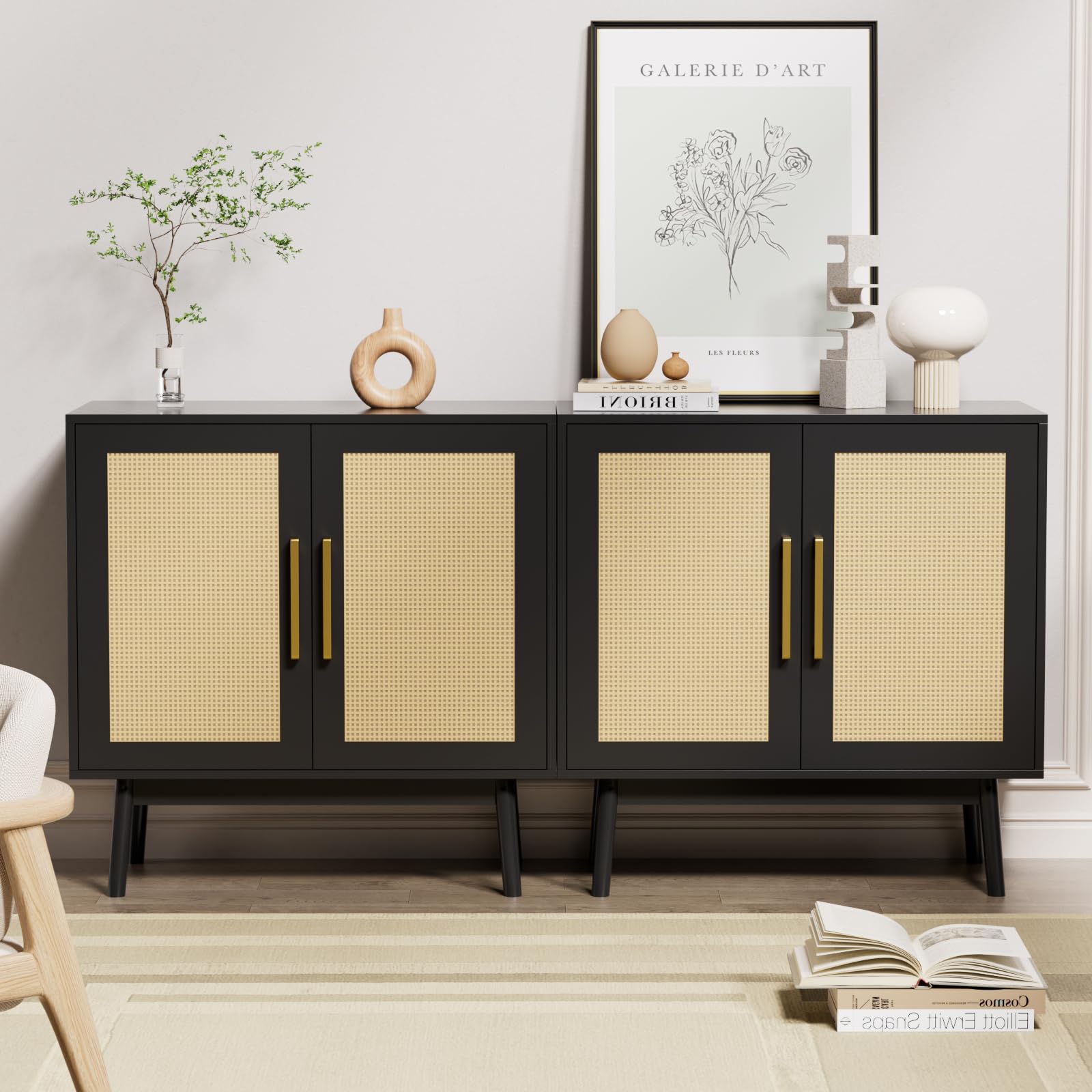 LYNSOM 2-Piece Buffet Cabinet Set with Rattan Doors & Solid Wood Feet - Stylish Sideboard Storage Cabinet for Living Room, Entryway, Hallway - Perfect for Dining Room Storage & Home Decor (Black)