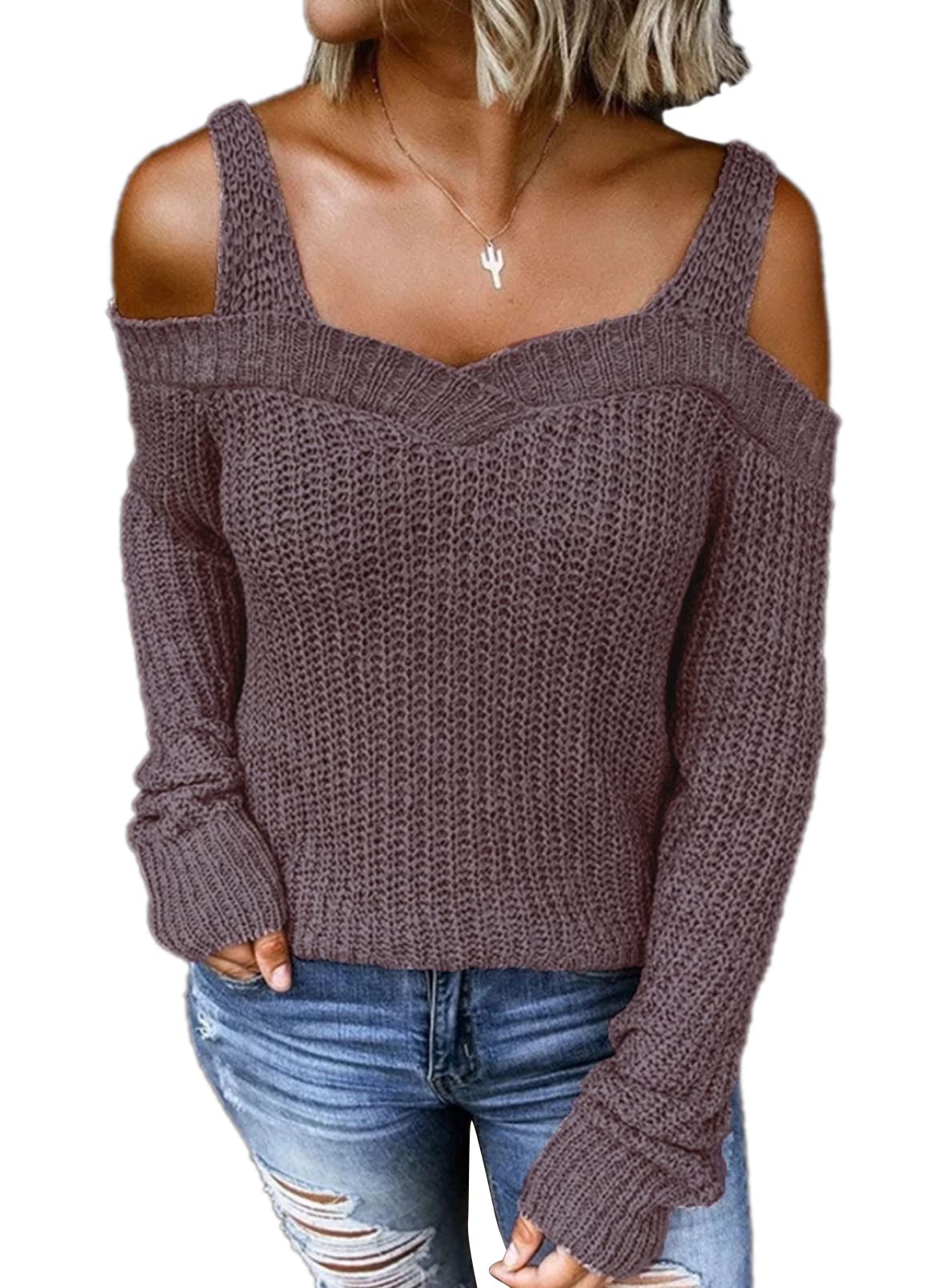 EVALESS Women's Waffle Knit Long Sleeve Cold Shoulder Sweater - Cute Plain Pullover Top for Casual Outfits, Date Nights & Fall Layering