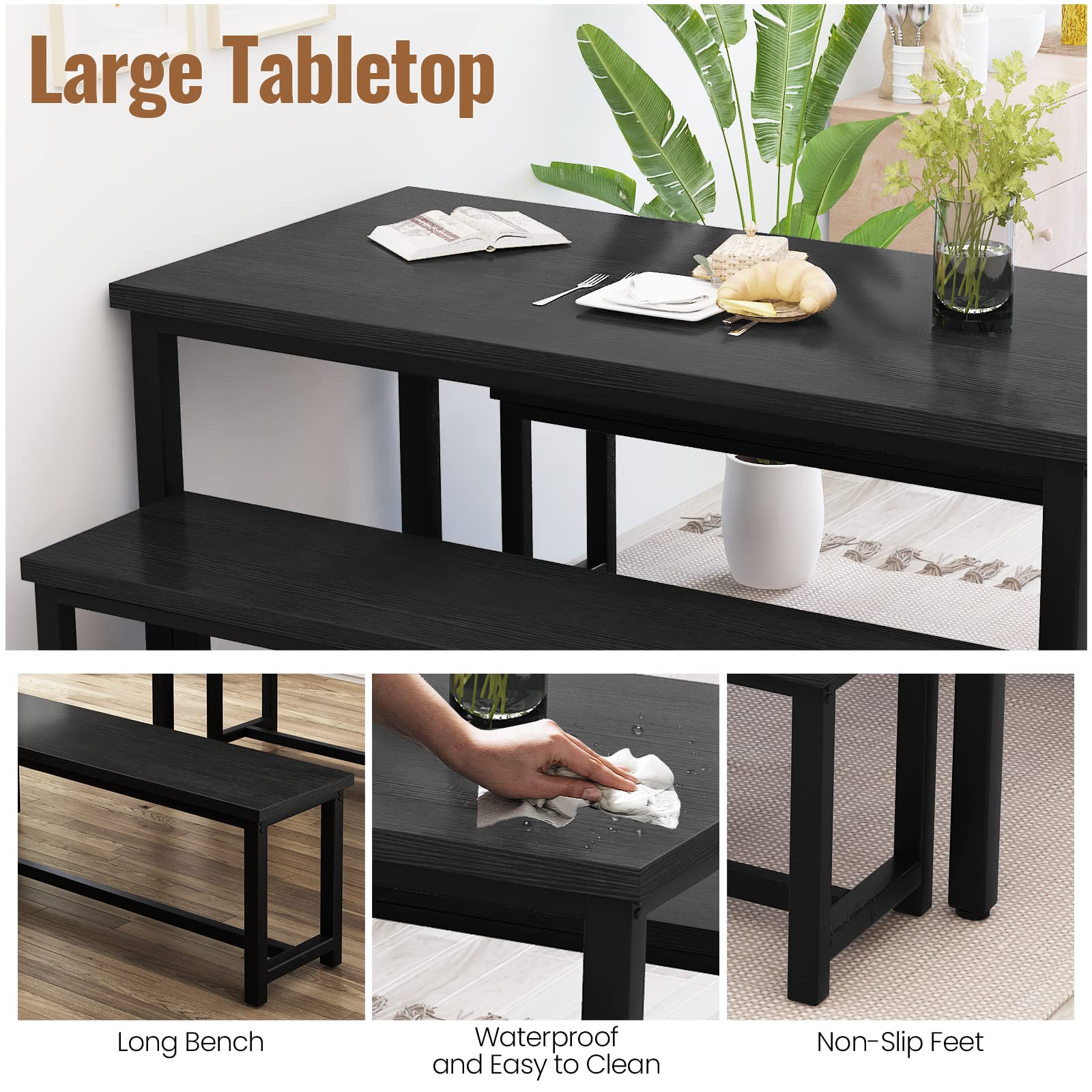 **Recaceik 3-Piece Farmhouse Dining Table Set for 4 with 2 Benches - Industrial Kitchen Table Set for Small Spaces, Apartments, Breakfast Nook - Perfect for Family Meals & Entertaining (Black)**