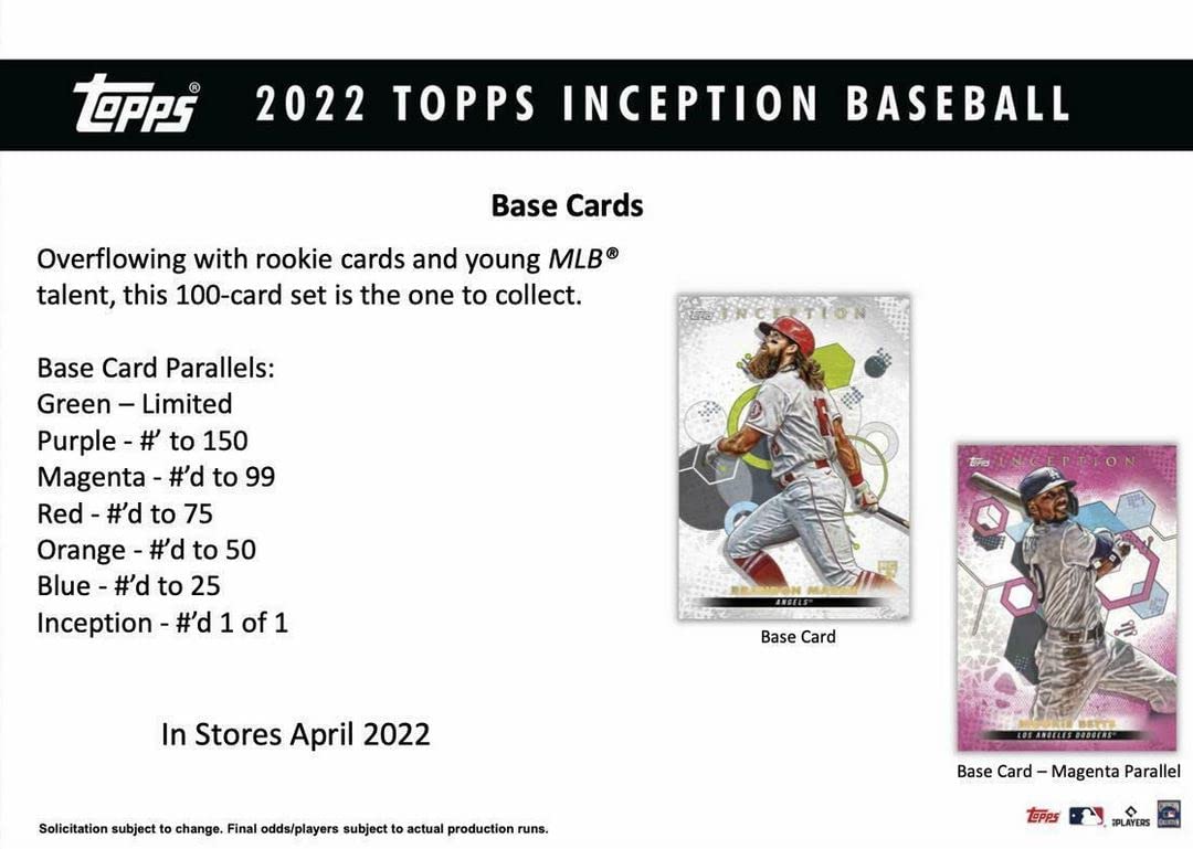2022 Topps Inception Baseball Hobby Box - 1 Pack with 7 Cards Including 1 Autograph or Auto/Relic Card | MLB Trading Cards Collection for Collectors & Fans | Perfect for Sports Memorabilia Displays & Investment