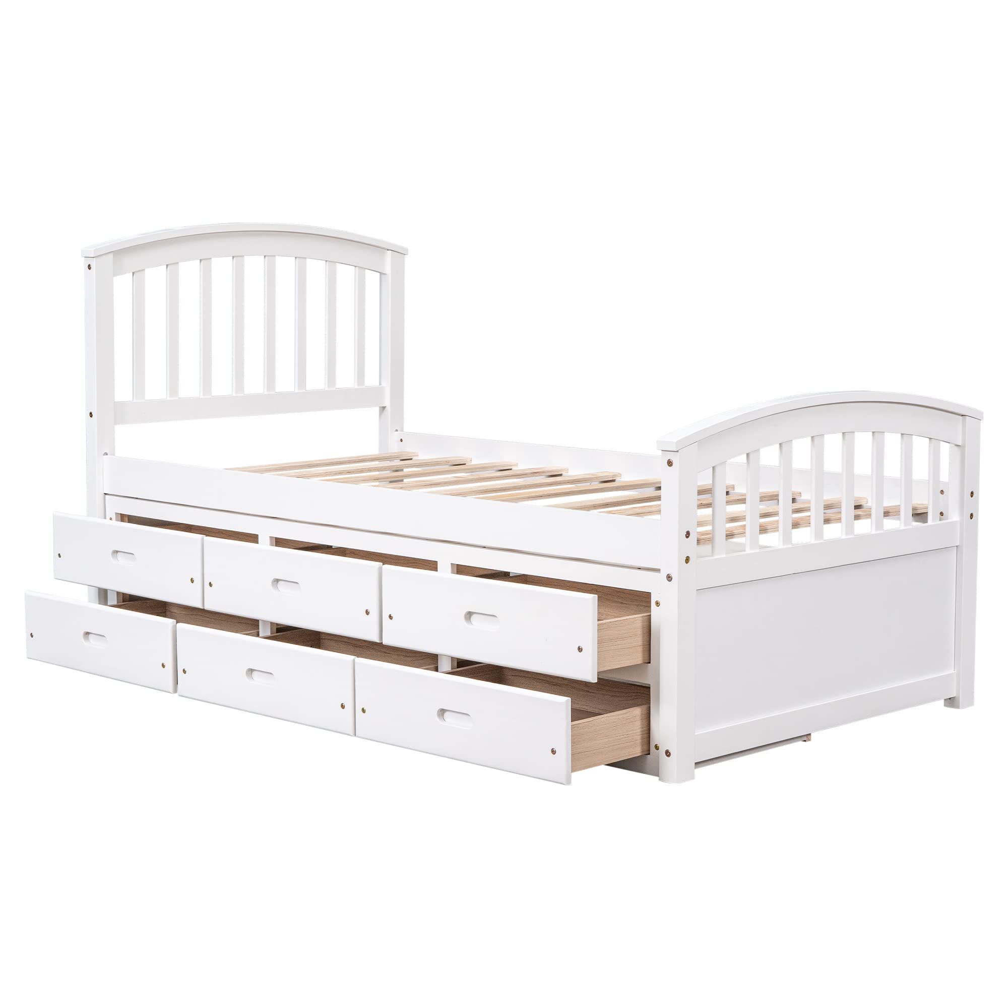 SOFTSEA Twin Size Wooden Bed Frame with 6 Storage Drawers - Platform Bed with Headboard & Footboard for Kids Bedroom - No Box Spring Needed - White - Perfect for Small Spaces & Guest Rooms