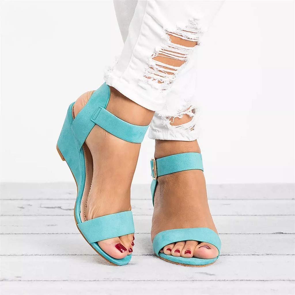 Women's Comfortable Buckle Wedge Sandals - Solid Color Summer Casual Shoes for Walking, Travel & Beach Outfits