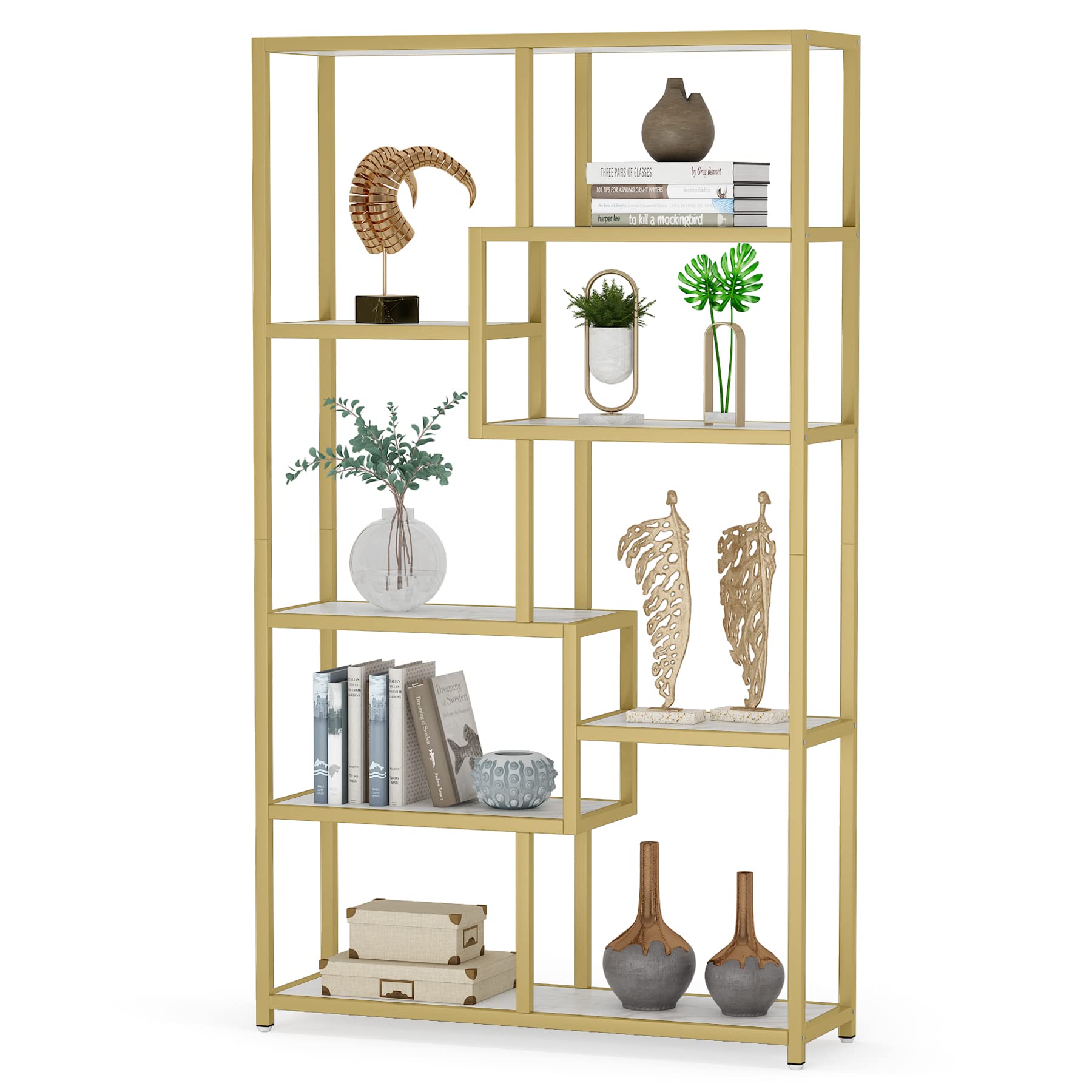 Tribesigns 8-Tier Gold Bookcase with Faux Marble - Modern Open Shelf Book Shelf for Home Office, Living Room & Bedroom - Stylish Storage Organizer for Books, Decor & Display Items