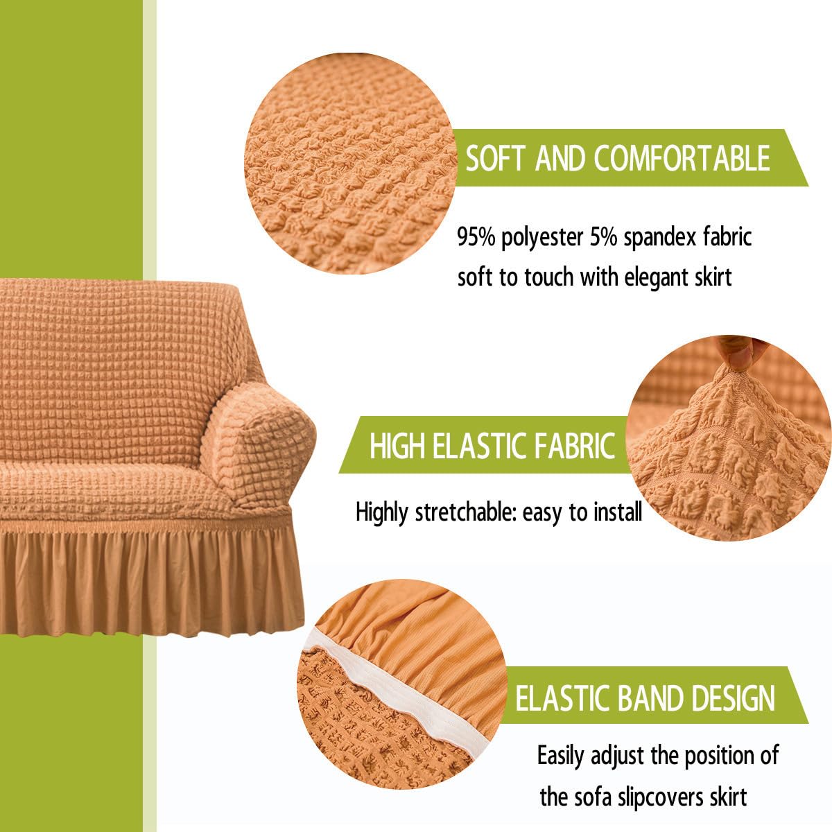 Qubjus Stretch Sofa Slipcover - Washable Couch Cover for Sofa & Bed - Elastic Bottom & Skirt - Furniture Protector - Orange XL - Perfect for Living Room, Family Room & Guest House Decor
