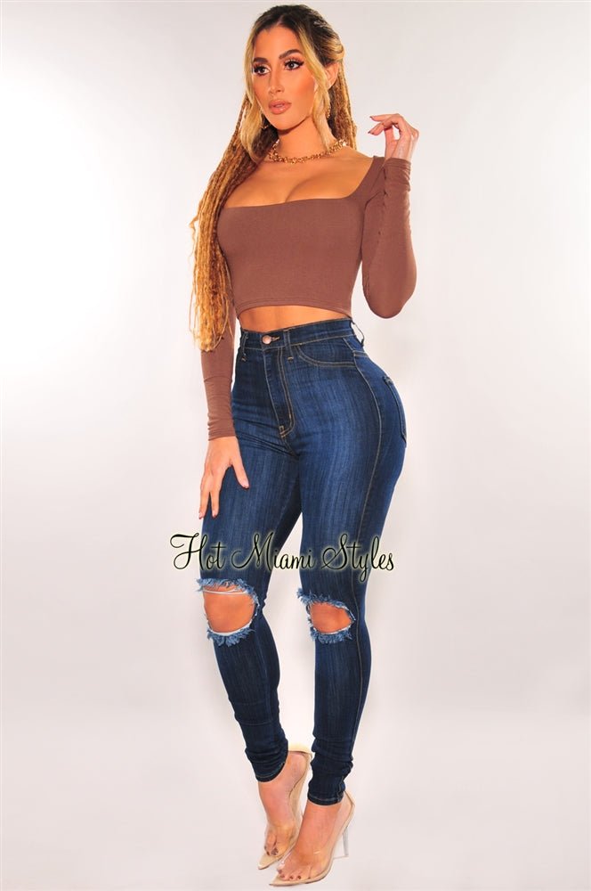 Stylish Dark Denim Ripped Knee High Waist Skinny Jeans for Women - Trendy Distressed Denim Pants for Casual Outfits & Night Out Looks