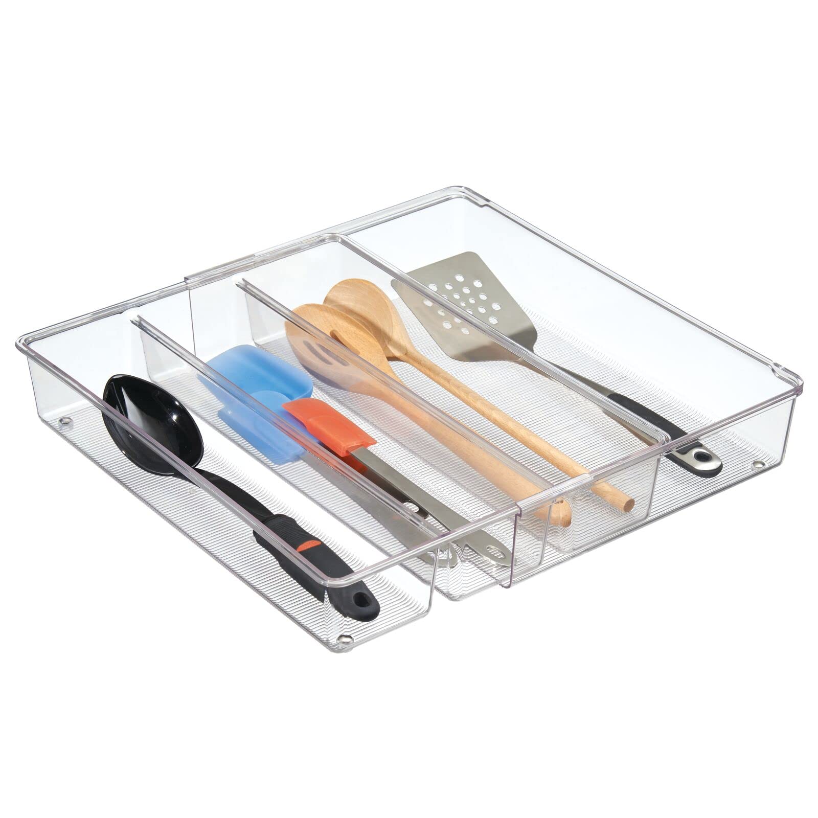 mDesign 4-Pack Clear Plastic Adjustable Expandable Drawer Organizer with 4 Compartments - Kitchen Pantry, Cabinet & Cupboard Storage for Silverware, Utensils, Cutlery - Perfect for Home Organization & Space Saving