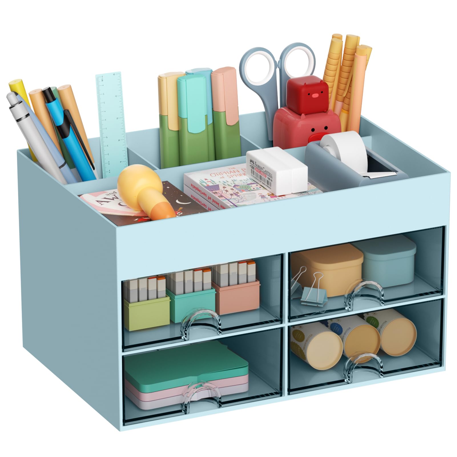 Marbrasse 4-Drawer Pen Organizer & Pencil Holder - Multi-Functional Desk Organizer with 4 Compartments for Office, School & Art Supplies - Perfect for Home, Office & Classroom Organization (Blue)