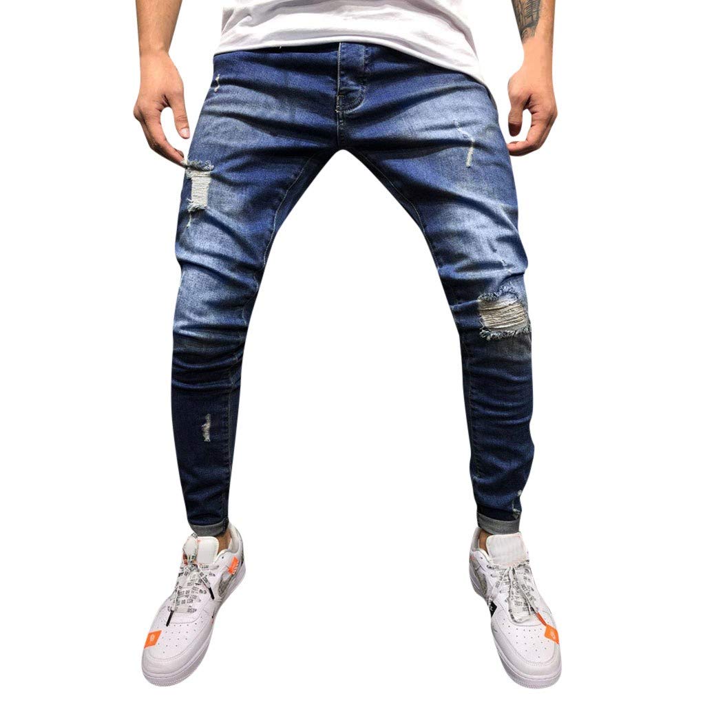 **Men's Slim Fit Distressed Straight Jeans - Cotton Denim Pants with Pockets & Ripped Holes | Casual, Streetwear & Everyday Wear**
