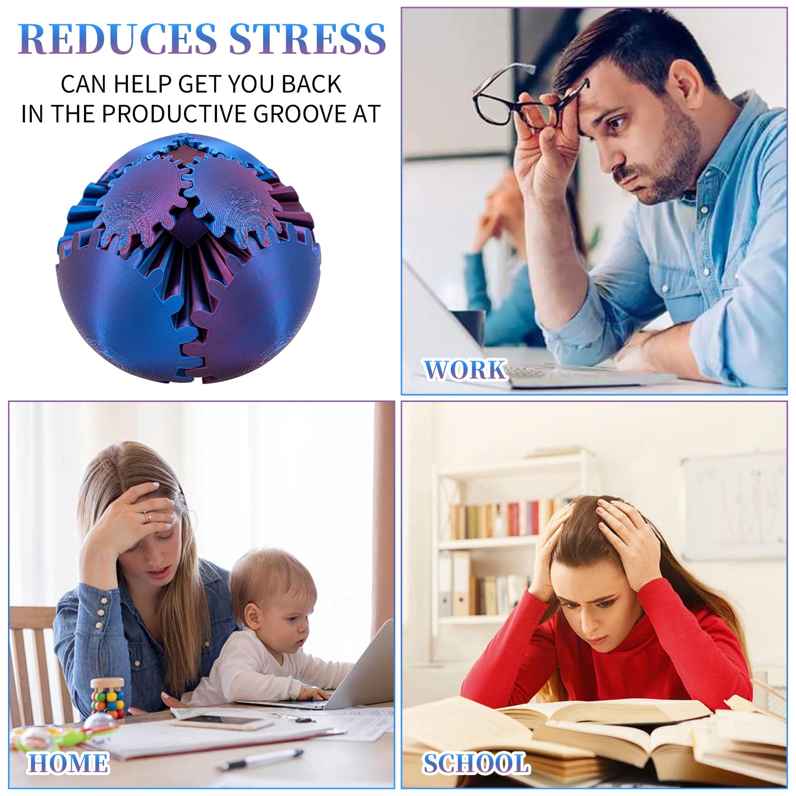 3D Printed Gear Ball Fidget Toy - Steampunk Whirling Stress Relief Sphere, Anti-Anxiety Relaxation Cube for Adults & Kids (Blue-Violet) - Perfect for Office, Travel & ADHD Focus Aid