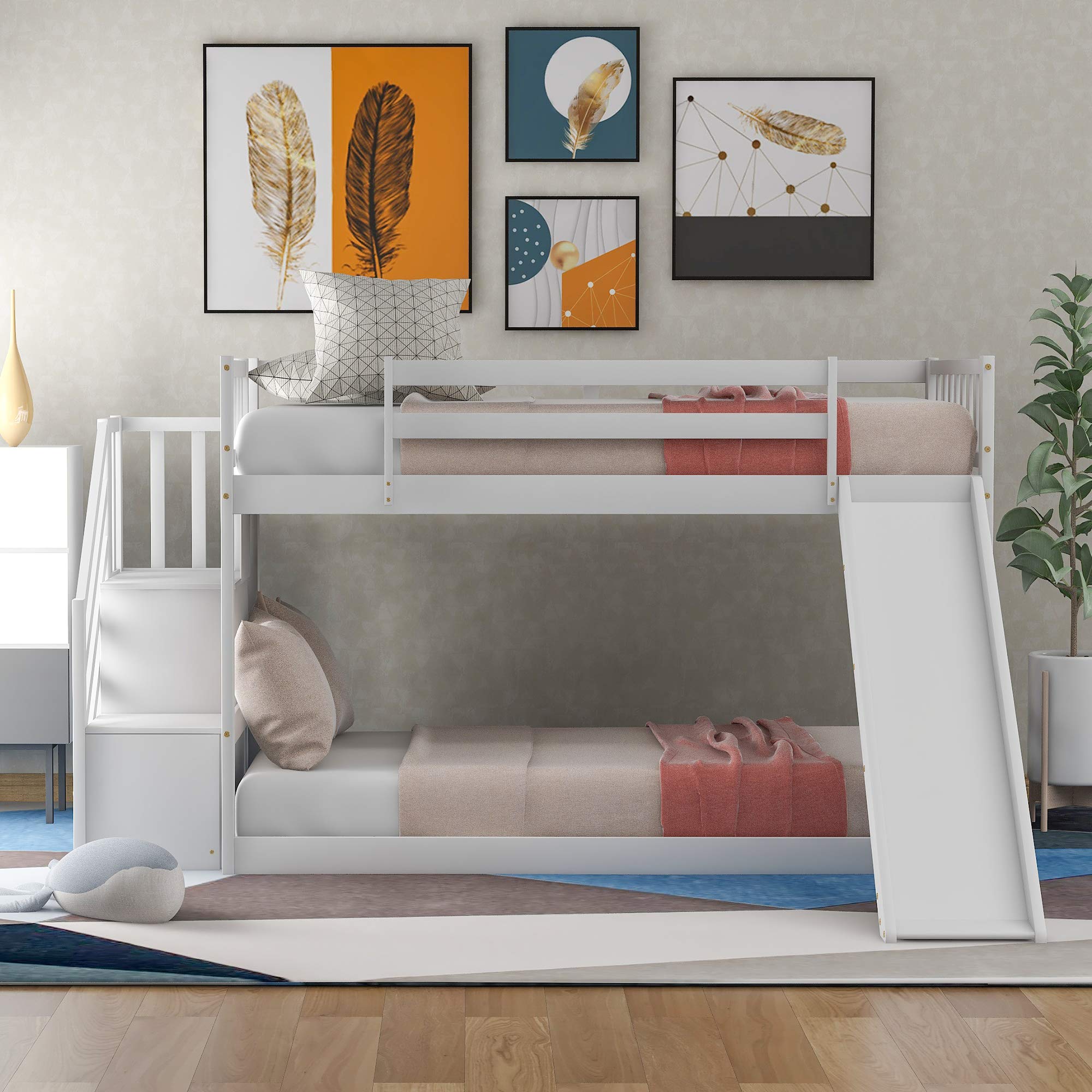 **Convertible Twin Over Twin Wooden Bunk Bed with Slide & Stairway - Low Height Kids Bunk Bed, No Spring Box Needed (White) - Perfect for Small Bedrooms, Shared Kids' Rooms & Sleepovers**
