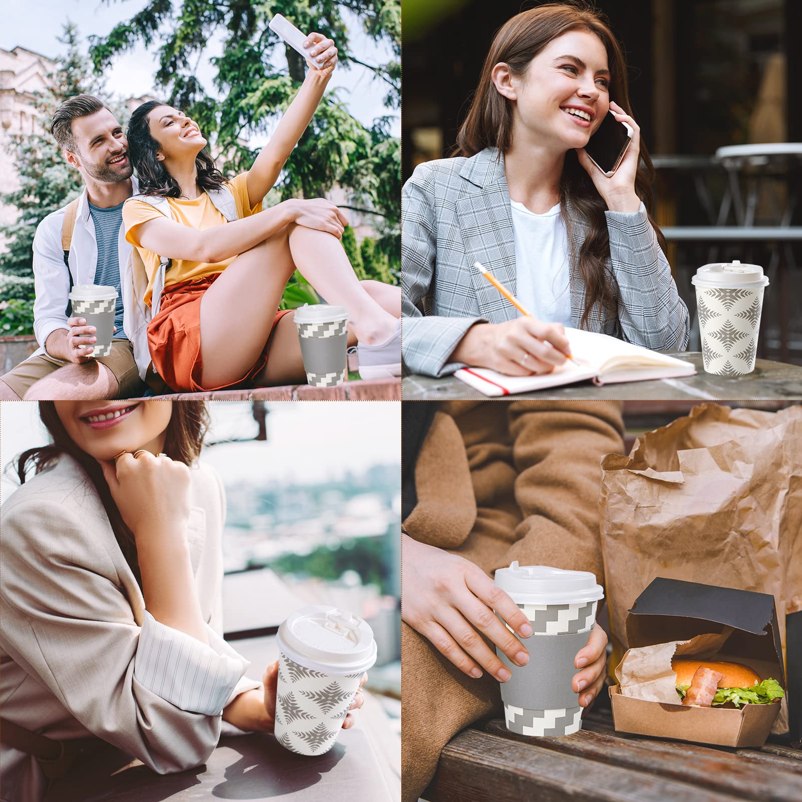 LITOPAK 100 Pack 12 oz Disposable Paper Coffee Cups with Lids, Sleeves & Straws - 4 Stylish Designs for Hot Beverages - Perfect for Home, Office, Coffee Shops & Cafes - Ideal for Daily Coffee, Tea, Parties & Takeout Drinks