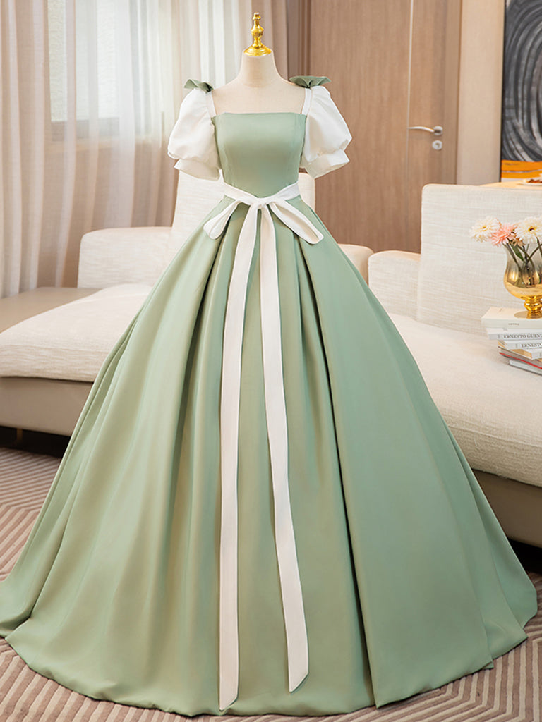 Elegant Puff Sleeves A-Line Satin Prom Dress in Green/White - Long Formal Evening Gown for Homecoming, Wedding Guest & Special Occasions