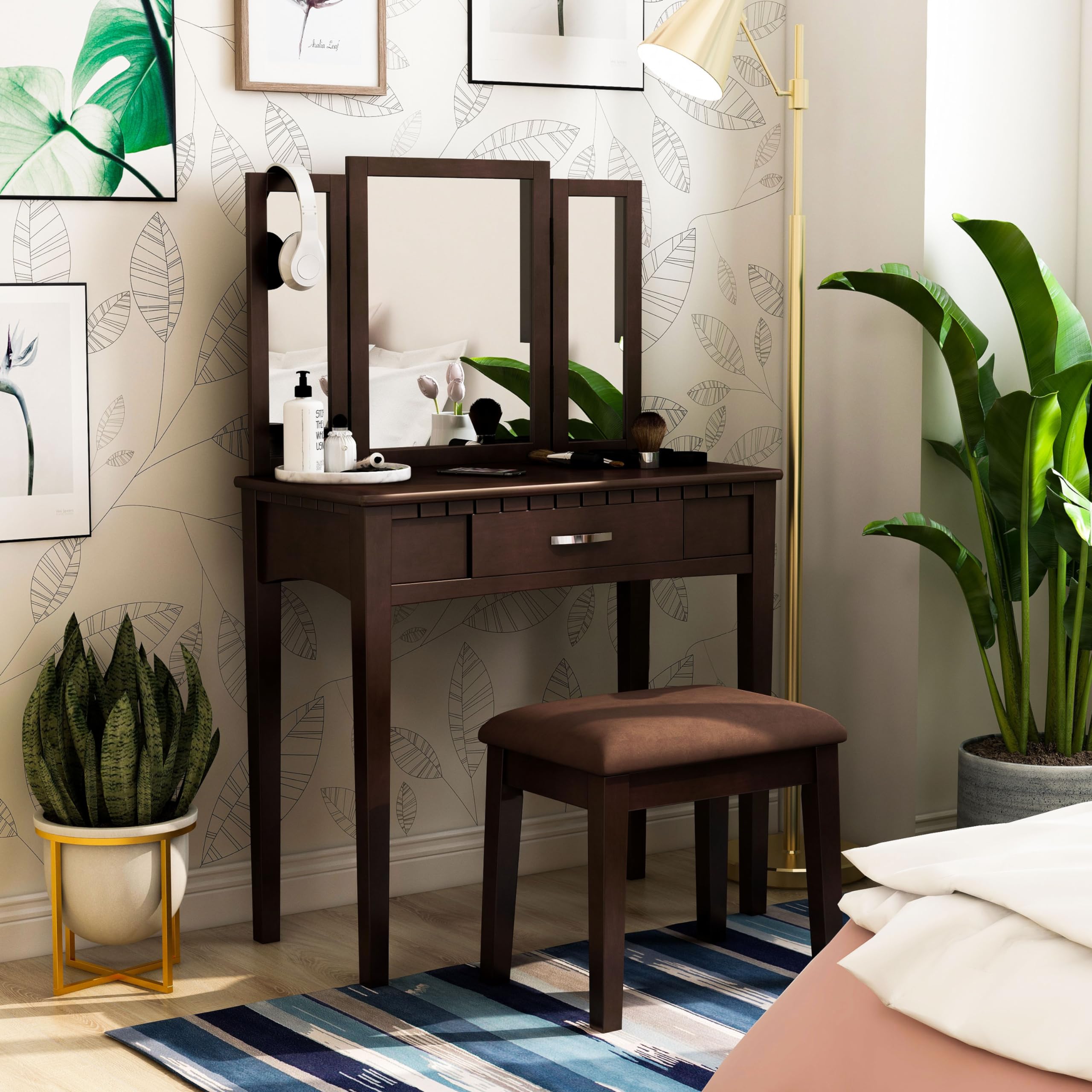 Furniture of America Doris 2-Piece Vanity Set with Stool, Espresso Finish - Perfect for Bedroom Makeup Dressing Table and Home Decor