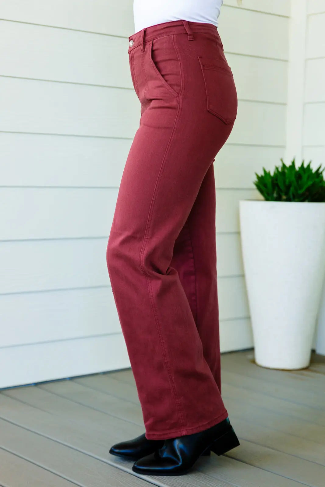 Phoebe High Rise Front Seam Straight Jeans in Burgundy - Women's Slim Fit Stretch Denim Pants for Casual Wear & Everyday Outfits