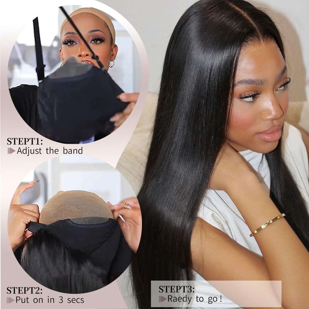Wear and Go Glueless Human Hair Wigs for Women - 6x4 Straight Lace Front Wig with Pre Plucked & Pre Cut HD Lace, 180% Density, 24 Inch Natural Black - Perfect for Daily Wear, Parties, and Special Occasions
