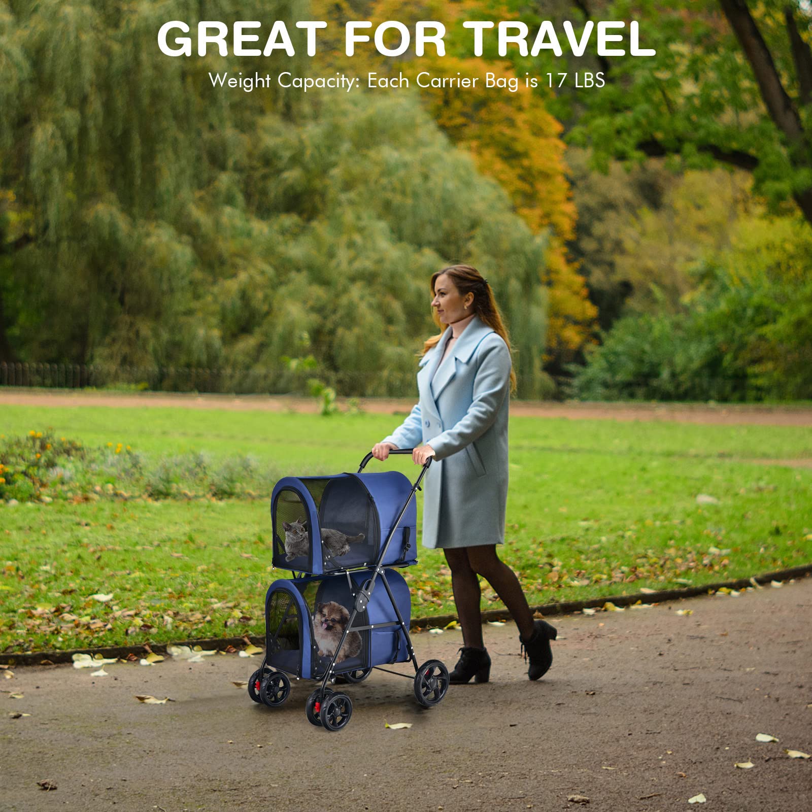 Giantex Double Pet Stroller for Dogs & Cats - 2 Detachable Carrier Bags, Safety Belt, 4 Lockable Wheels - Foldable Travel Carrier for Small & Medium Pets - Perfect for Park Walks, Vet Visits & Shopping Trips (Navy Blue)