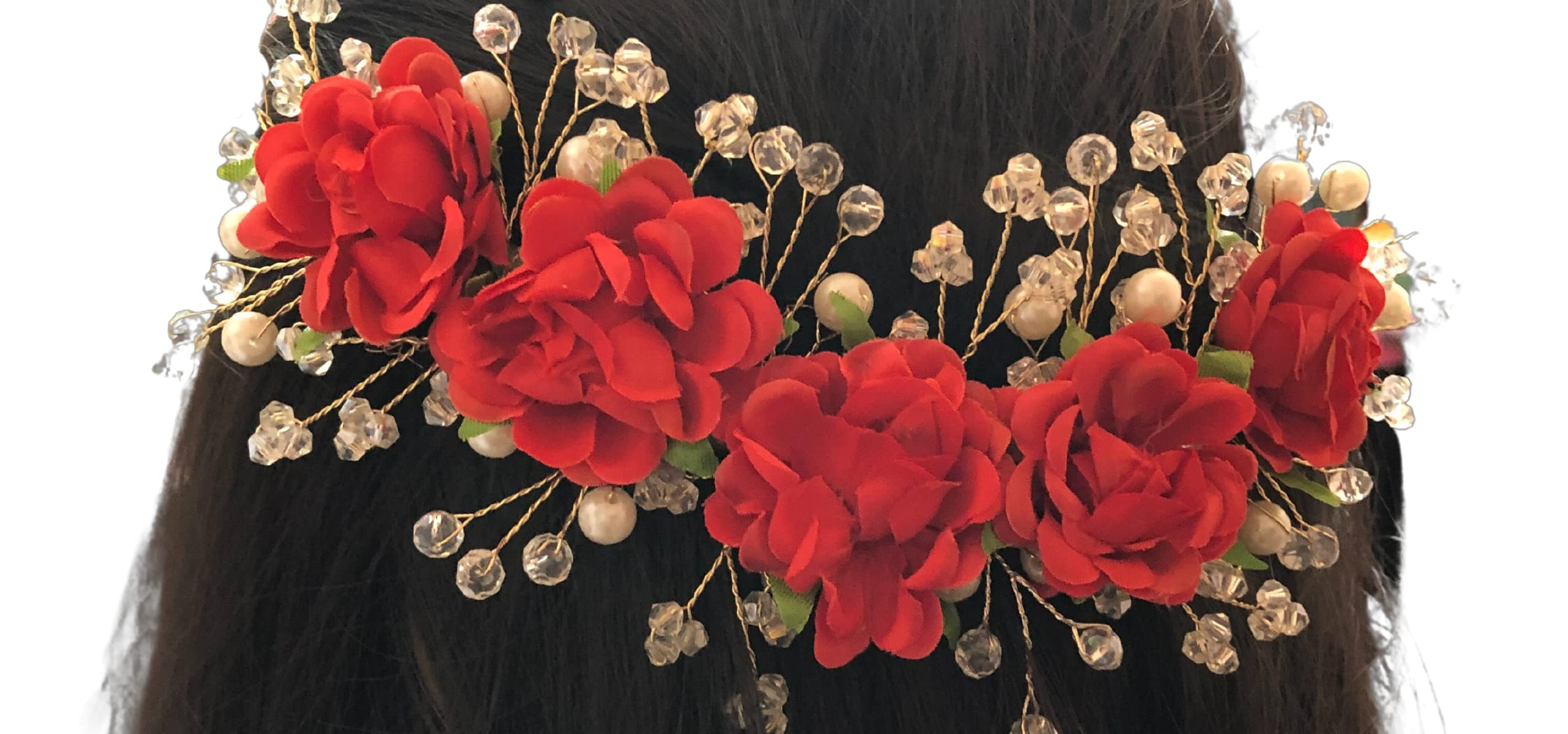 Samyak Handmade Artificial Flower Hair Vine Bun Hair Accessories - Red Bridal Hair Jewelry for Weddings, Bridesmaids, Prom & Special Occasions