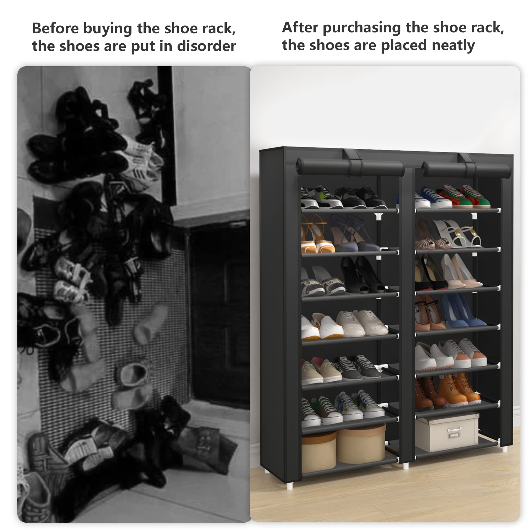 JIUYOTREE 7-Tier Shoe Rack Organizer - Large Capacity Double Row Shoe Storage Cabinet with Non-Woven Fabric Cover - Space Saving Closet Shelf for Entryway, Bedroom & Dorm Organization (Black)