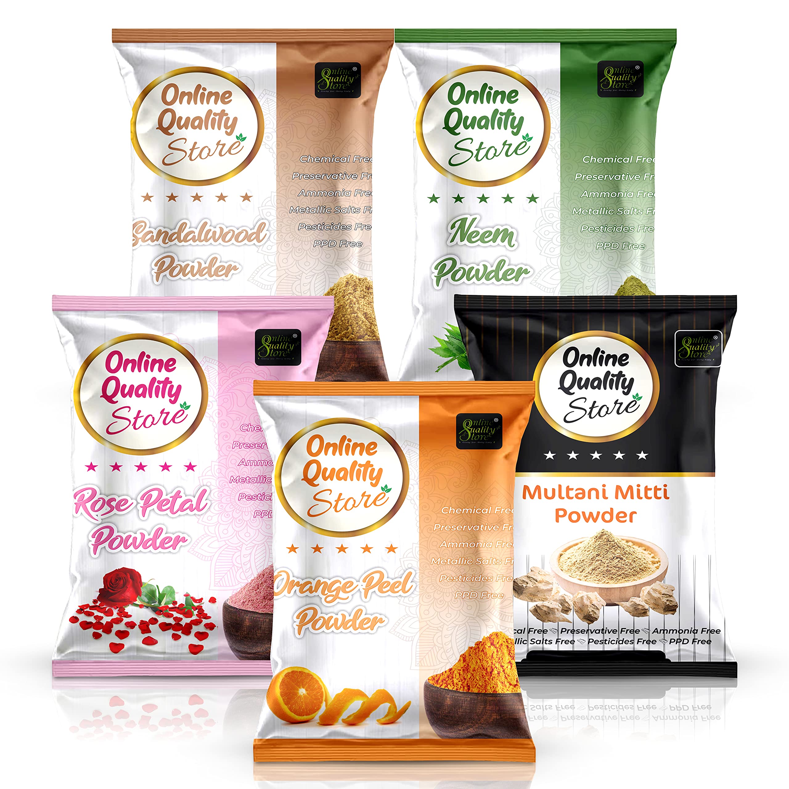Organic Multani Mitti, Chandan Powder, Orange Peel Powder, Neem Powder & Rose Powder for Face, Body, Skin & Hair – 400g | Free Pure Rose Water | Natural Sandalwood & Santra Chilka Powder | Best for DIY Beauty, Ayurvedic Skincare & Hair Care
