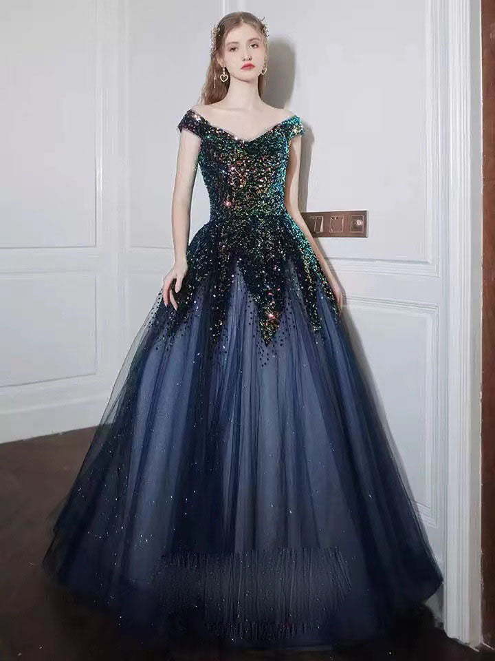 Elegant Off Shoulder A-Line Prom Dress with Sequins & Tulle for Evening Formal Events - Perfect for Homecoming, Wedding Guest & Special Occasions