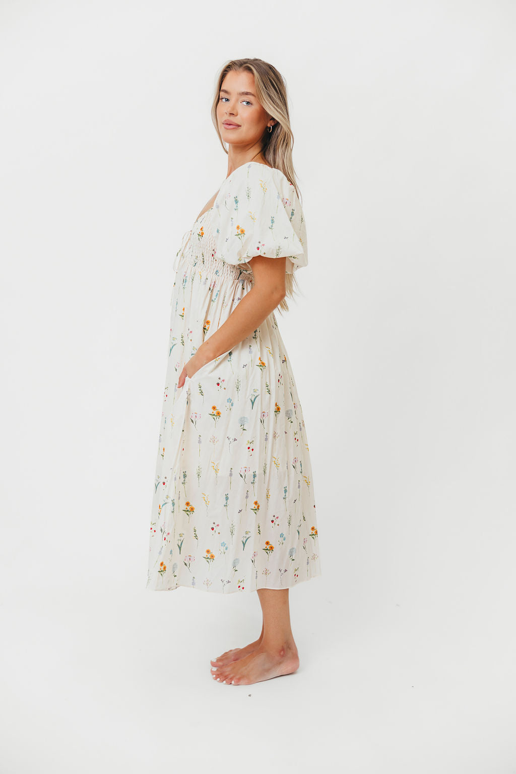 Magnolia Smocked Floral Midi Dress with Adjustable Tie - Perfect for Spring Weddings, Garden Parties & Summer Vacations