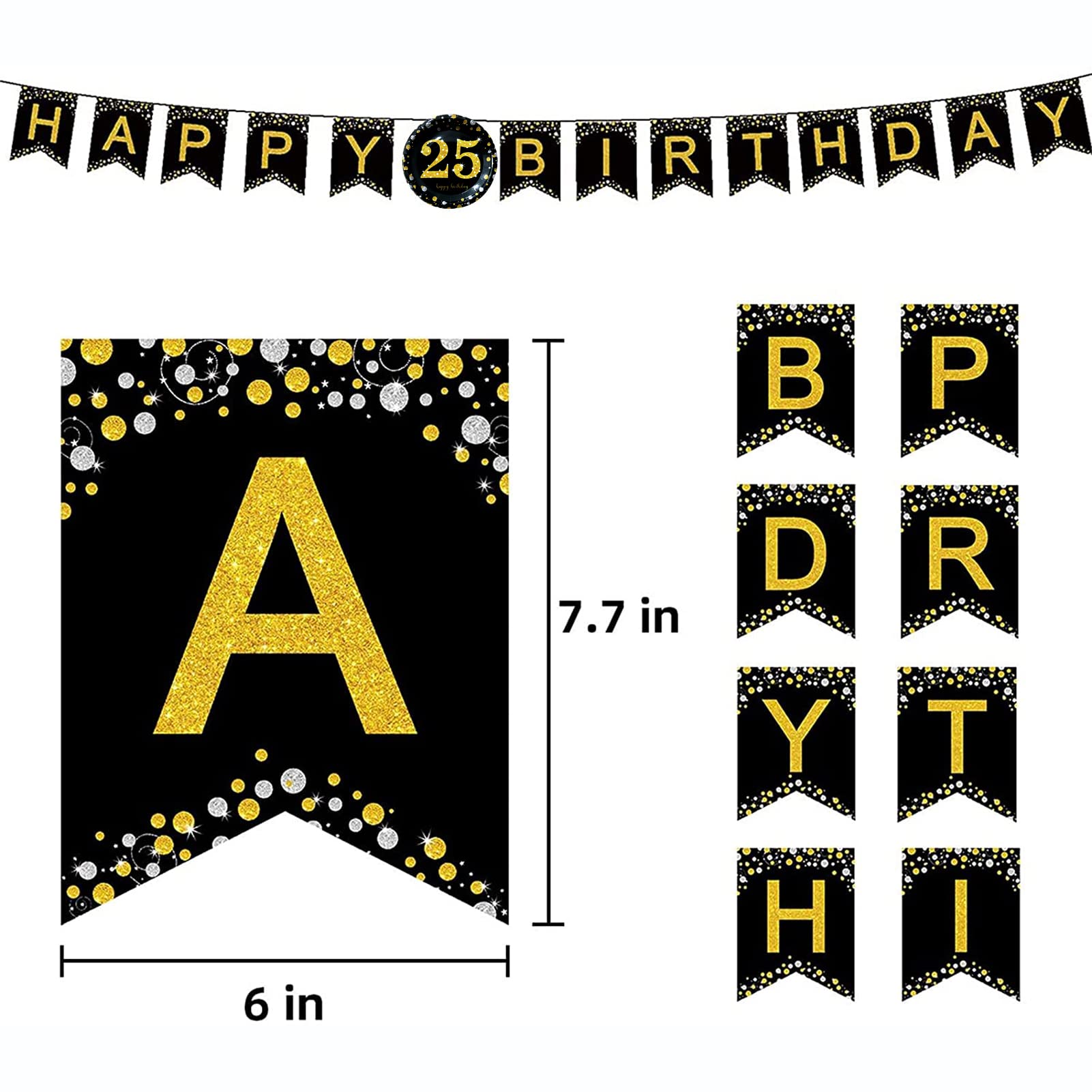 25th Birthday Party Supplies - Black & Gold Disposable Dinnerware Set for 24 Guests | Includes Plates, Cups, Cutlery, Tablecloth & Balloons | Perfect for Anniversary Celebrations, Milestone Parties & Elegant Gatherings