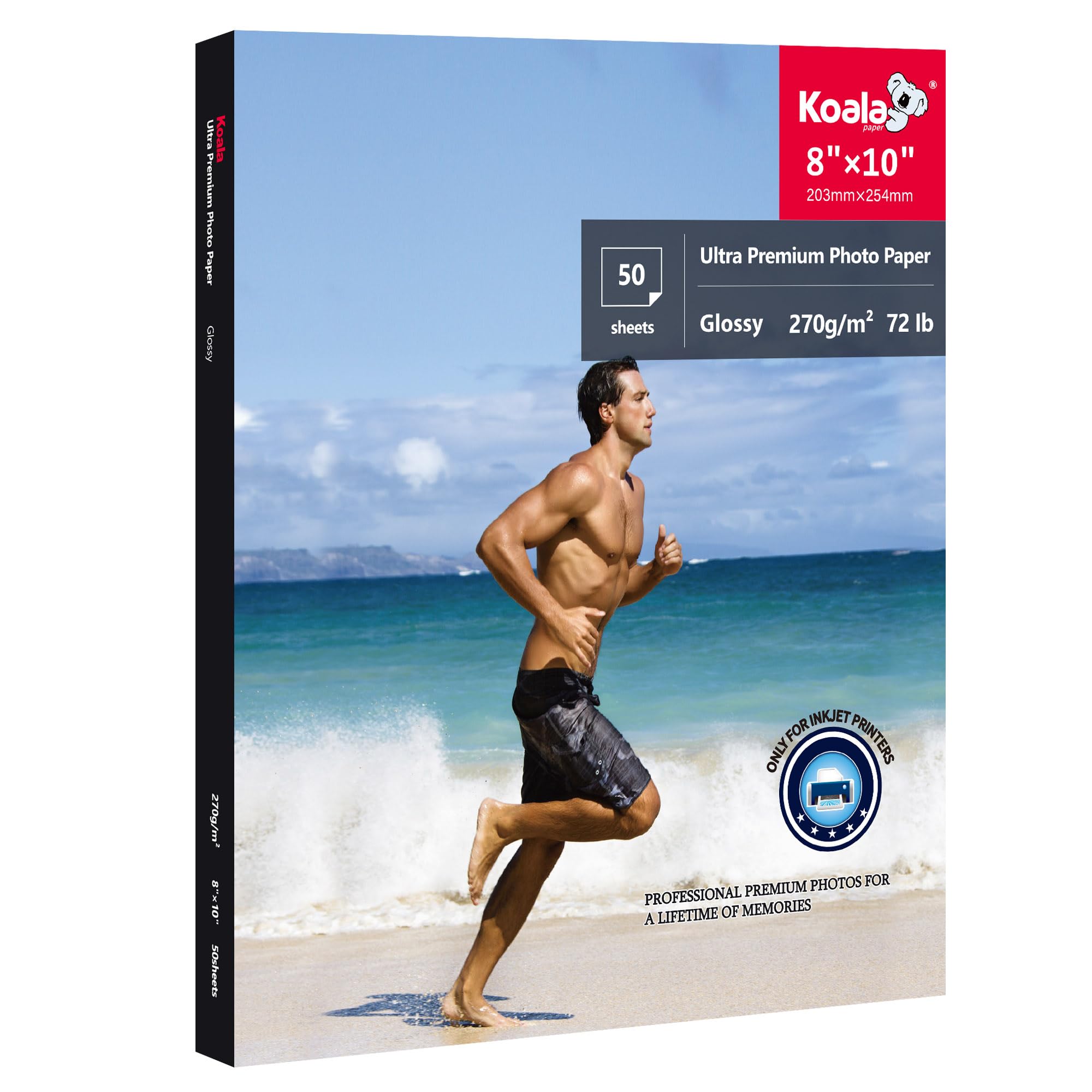 Koala Ultra Premium 8x10 Inch Glossy Photo Paper - 50 Sheets Water Resistant Inkjet Printer Paper (72lb) for Professional Photos, Home Printing & Scrapbooking