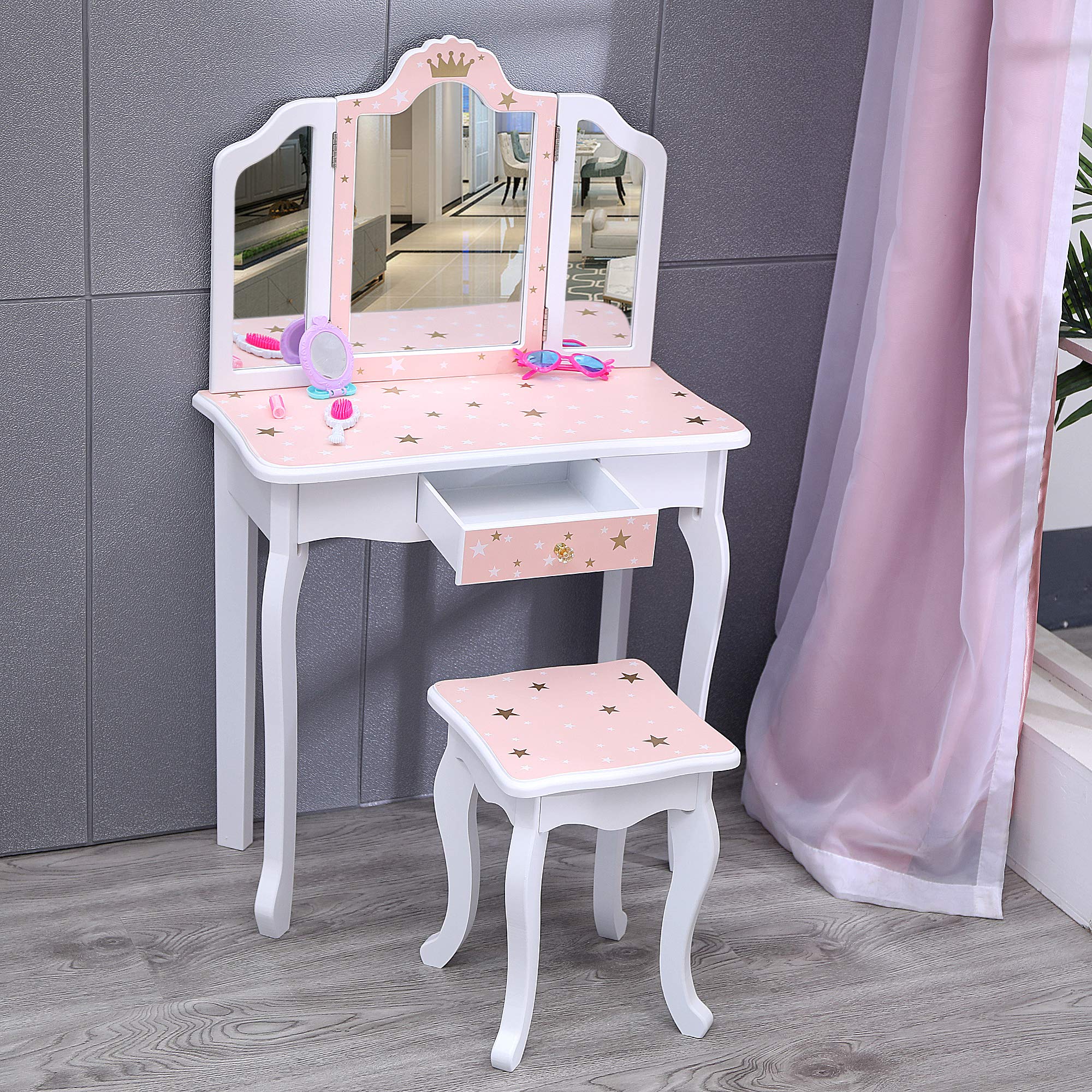 Kids Vanity Table and Chair Set - Girls Princess Makeup Dressing Table with Tri-Folding Mirror, Stool & Drawer | Perfect for Birthday Gifts, Bedroom Decor & Pretend Play (Ages 3-8)