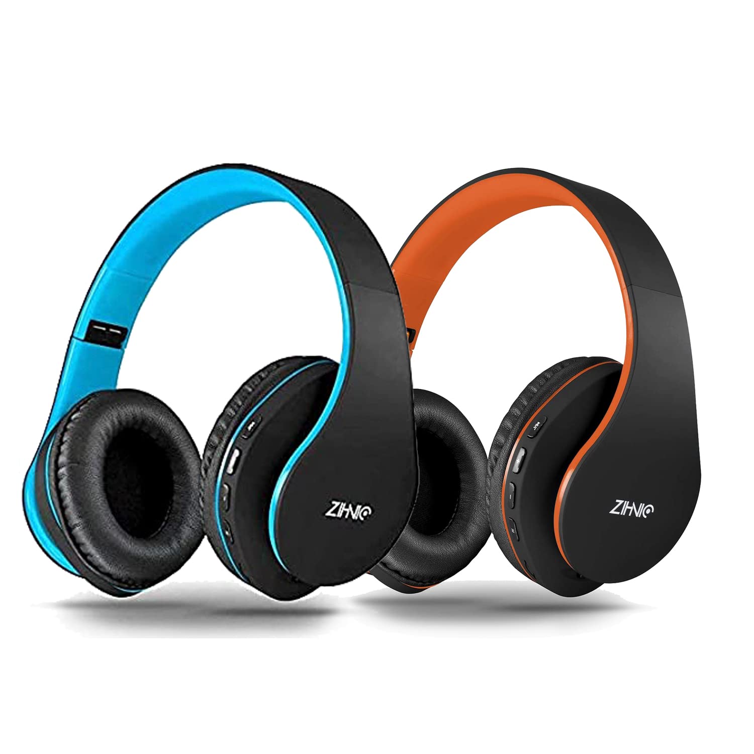 ZIHNIC 2-Pack Wireless Headphones Bundle - Over-Ear Bluetooth Headset (Black/Blue) & Foldable Wireless Headphones (Black/Orange) for Travel, Workout, Gaming & Office Use