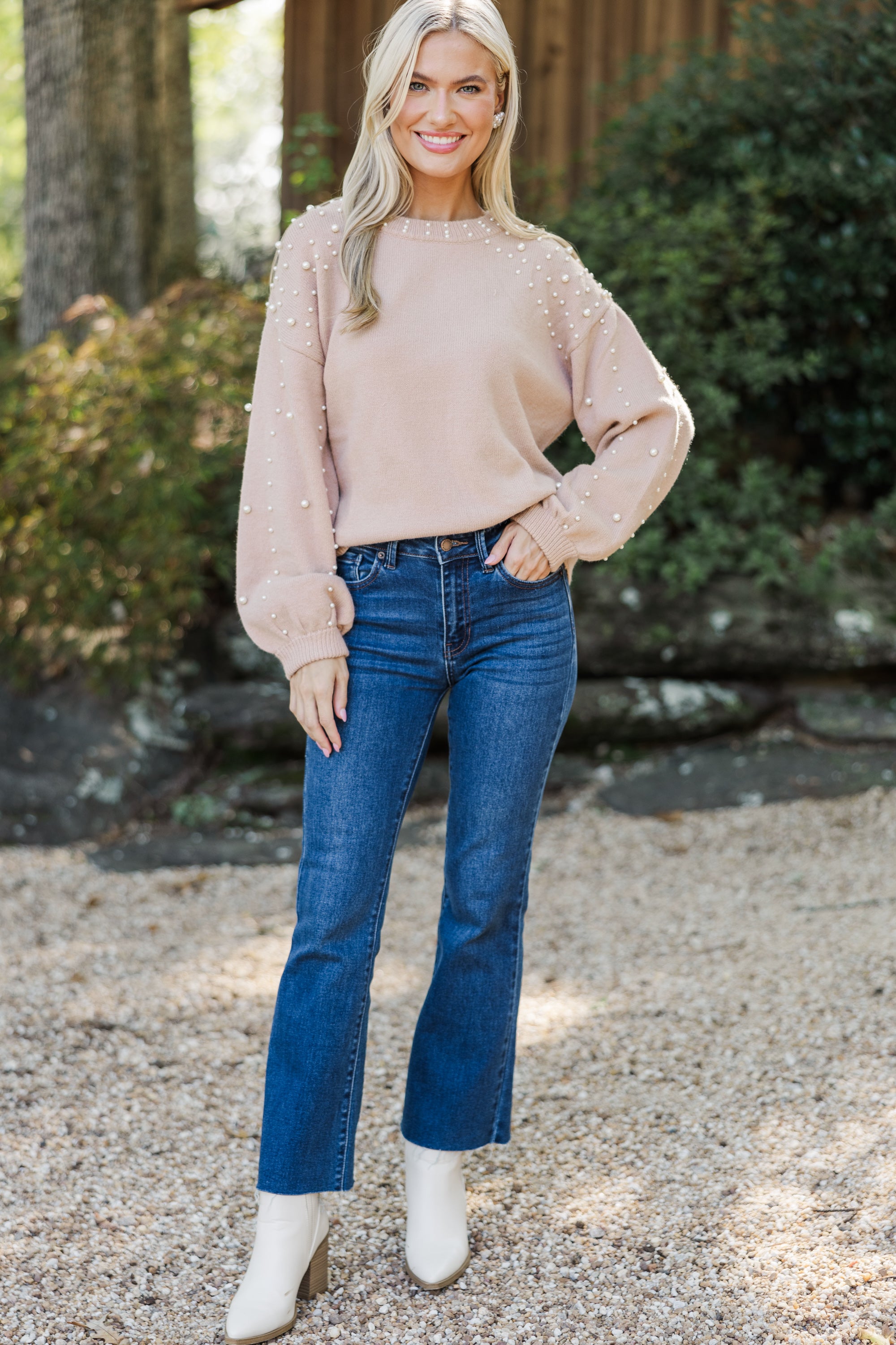 Latte Brown Pearl Embellished Sweater for Women - Elegant Knit Pullover with Pearl Details - Perfect for Fall, Winter, and Holiday Parties