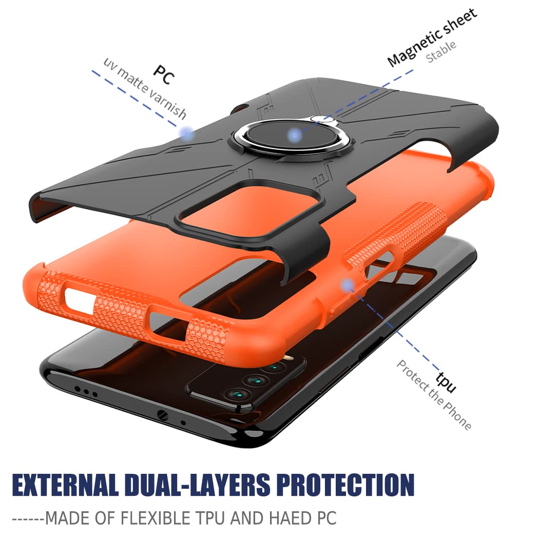 Premium Shockproof Phone Case for Redmi 9T/Poco M3/Redmi Note 9 4G M2010J19SL with Tempered Glass Screen Protector & Metal Ring Holder Kickstand - Durable Protection Cover for Xiaomi Redmi 9T (Orange) - Perfect for Work, Travel & Outdoor Activities