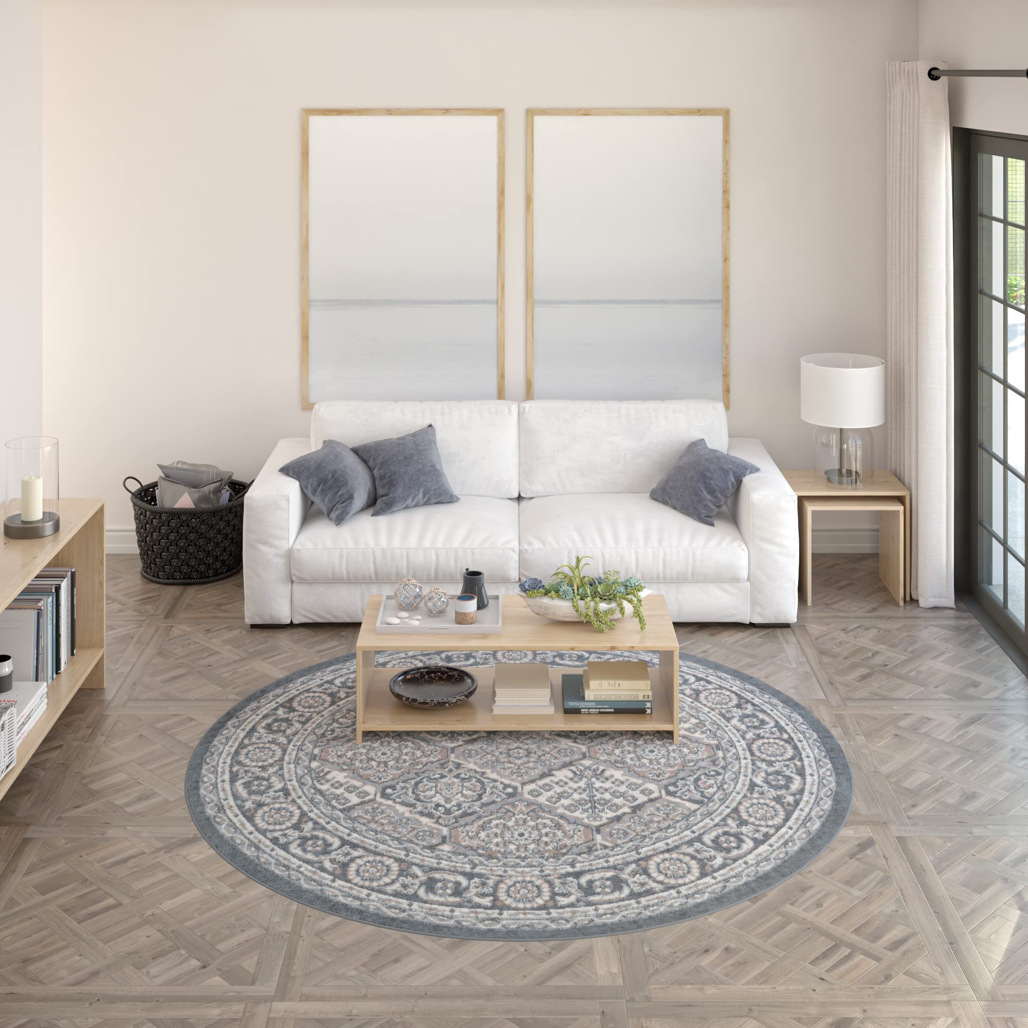 Oxnard Gray 8 Foot Round Area Rug - Traditional Oriental Design for Living Room, Bedroom & Dining Room | Soft Non-Slip Floor Mat for Home Decor & Family Gatherings
