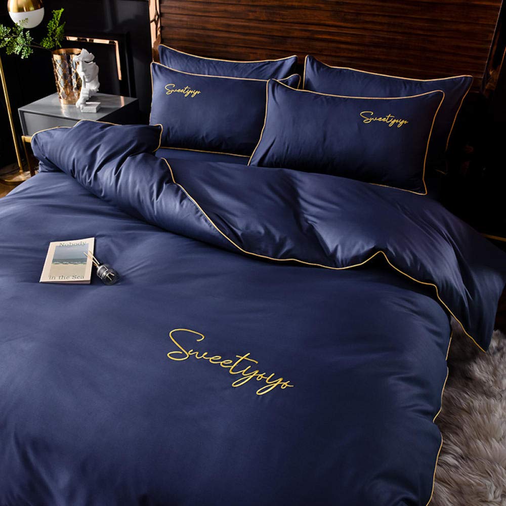 Luxury 4-Piece Silk Bedding Set - Washable Ice Silk Quilt Cover, Fitted Sheet, Pillowcases - Dark Blue (Fits 1.2-1.5m Bed, 150x200cm) - Perfect for Master Bedroom, Guest Room & Hotel Style Decor