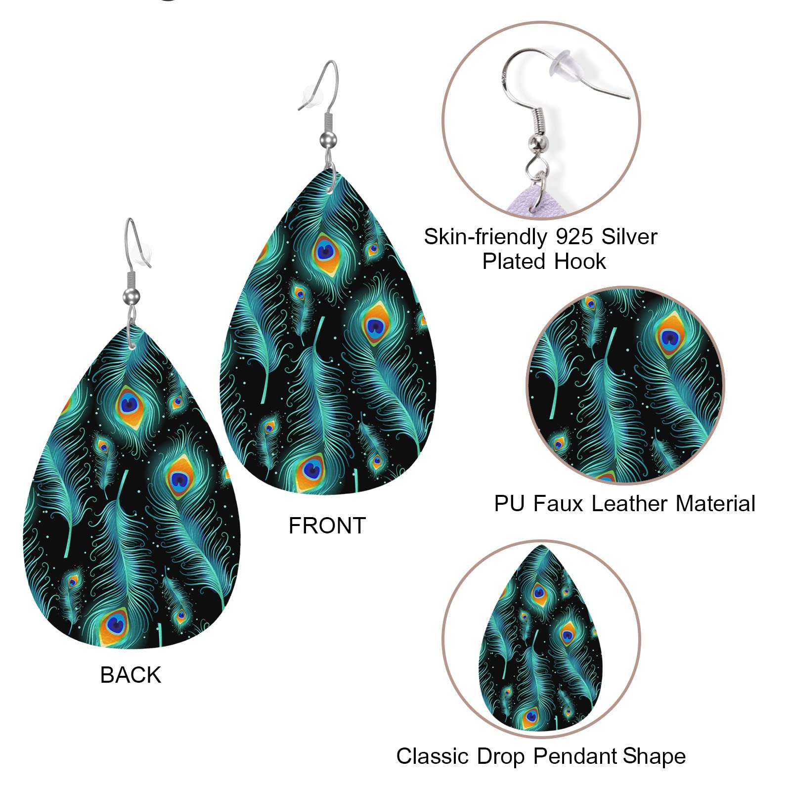 Zokola Peacock Feather Dangle Earrings for Women - Lightweight Tropical Bird Green Leather Teardrop Leaf Earrings Jewelry | Perfect for Boho Fashion, Parties, and Gift Giving