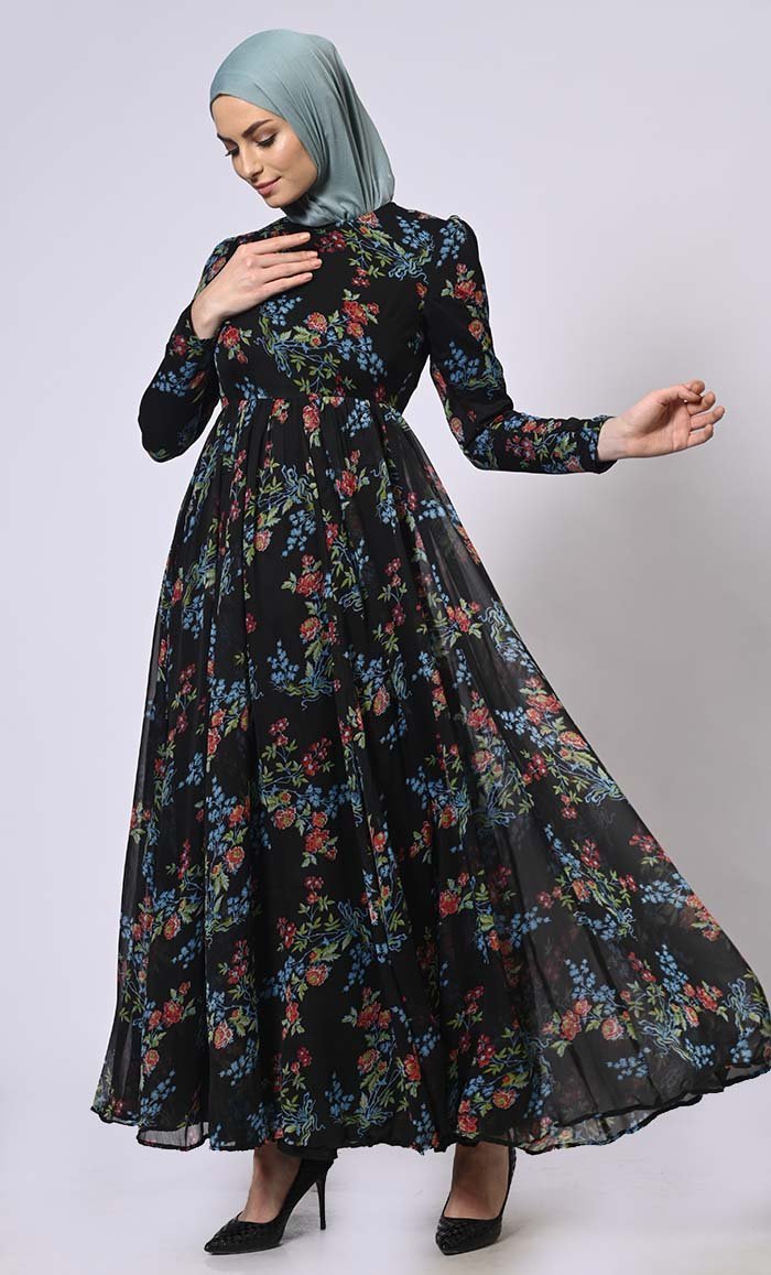 Midnight Blooms Printed Abaya with Adjustable Belt & Matching Hijab - Elegant Islamic Dress for Women - Perfect for Prayer, Eid, Weddings & Special Occasions