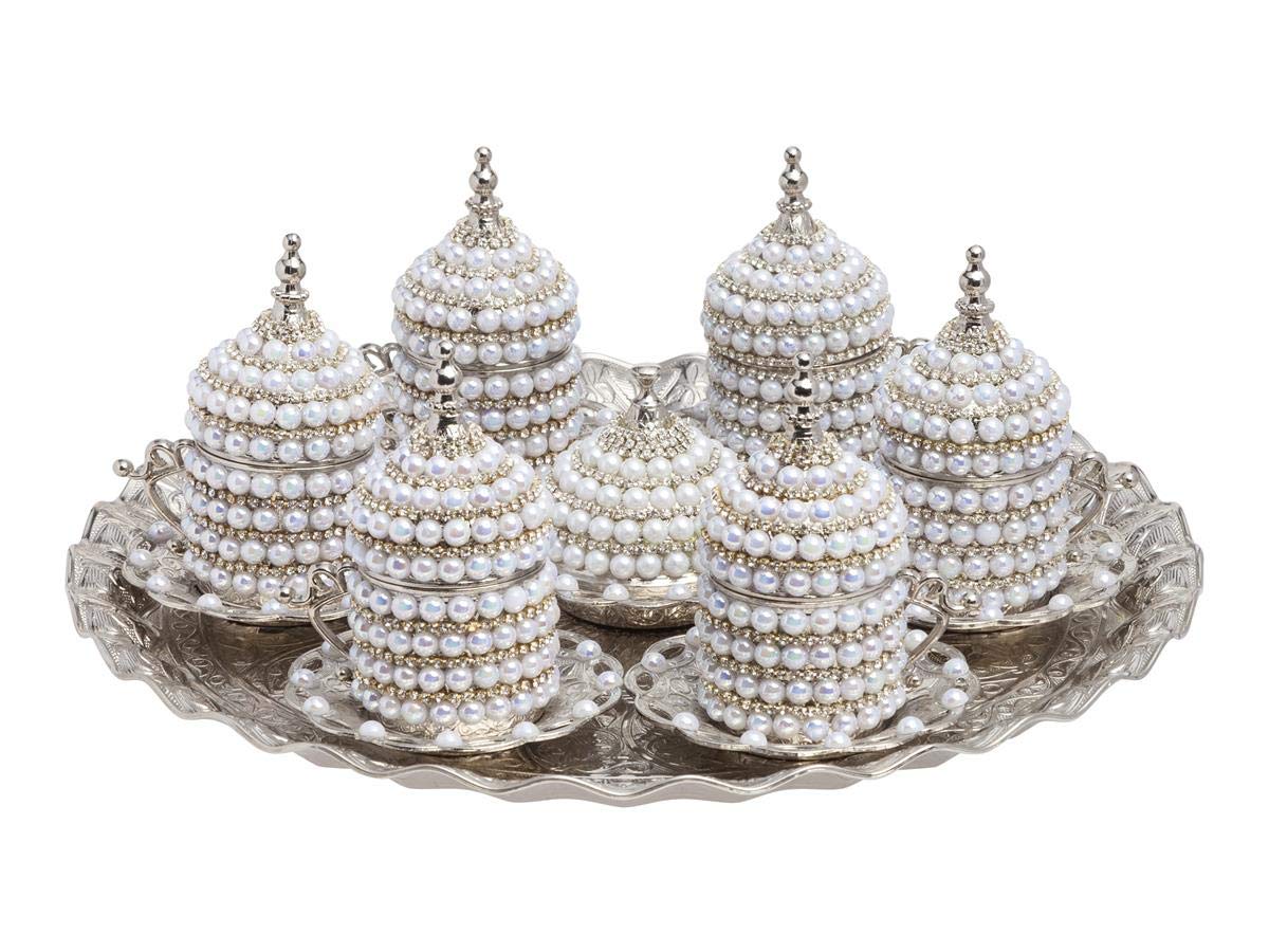 Premium Porcelain Espresso Coffee Cup Set with Saucer, Lid & Tray - 6-Piece Turkish/Arabic/Greek Style Silver Coffee Cups for Women & Men - Elegant Home, Wedding & Housewarming Gift Set - Perfect for Afternoon Tea, Dinner Parties & Coffee Lovers