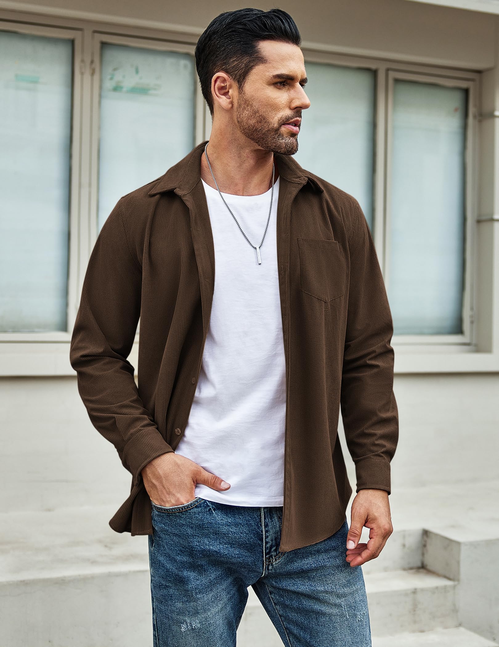 COOFANDY Men's Waffle Knit Button Down Shirt Jacket - Casual Long Sleeve Shacket with Chest Pockets | Perfect for Fall Layering, Outdoor Adventures & Smart Casual Outfits